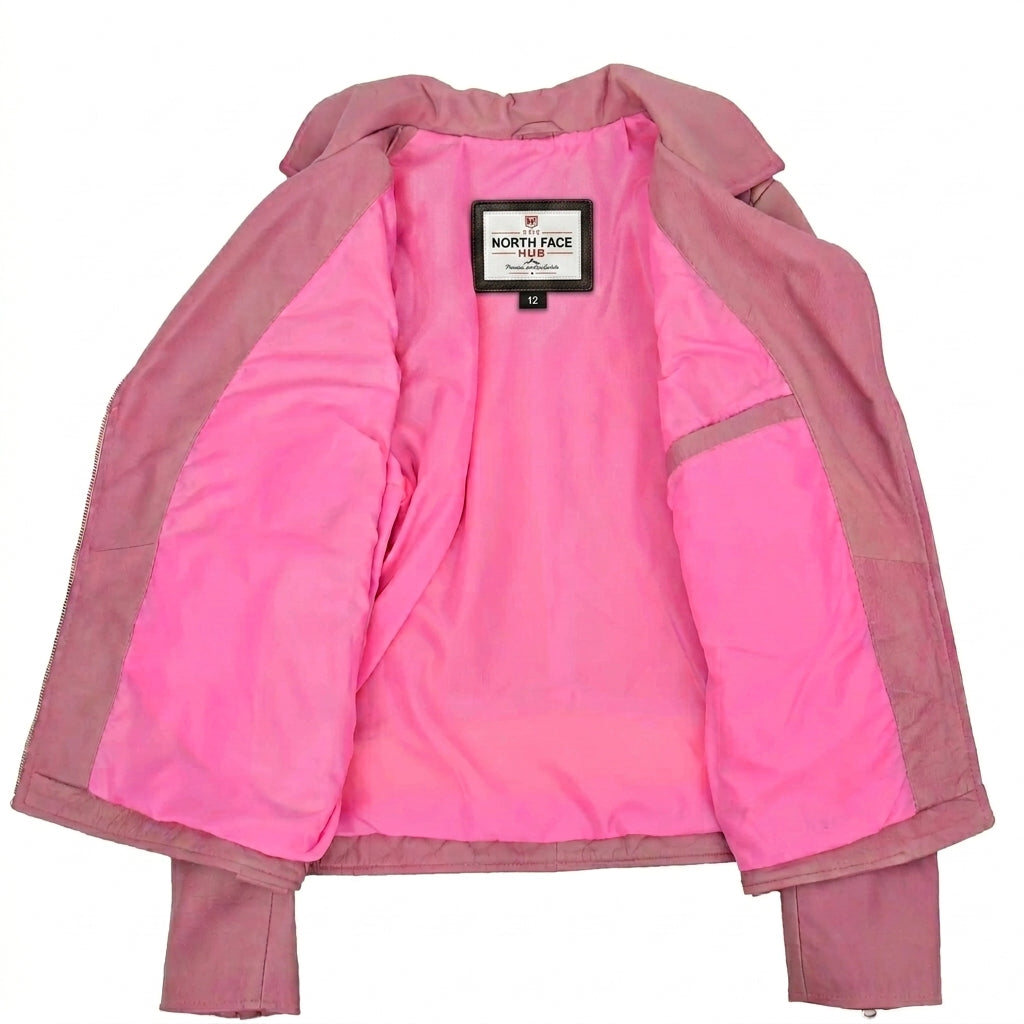 Womens Real Leather Biker Jacket Cross Zip Pockets Cherry Chroma Pink