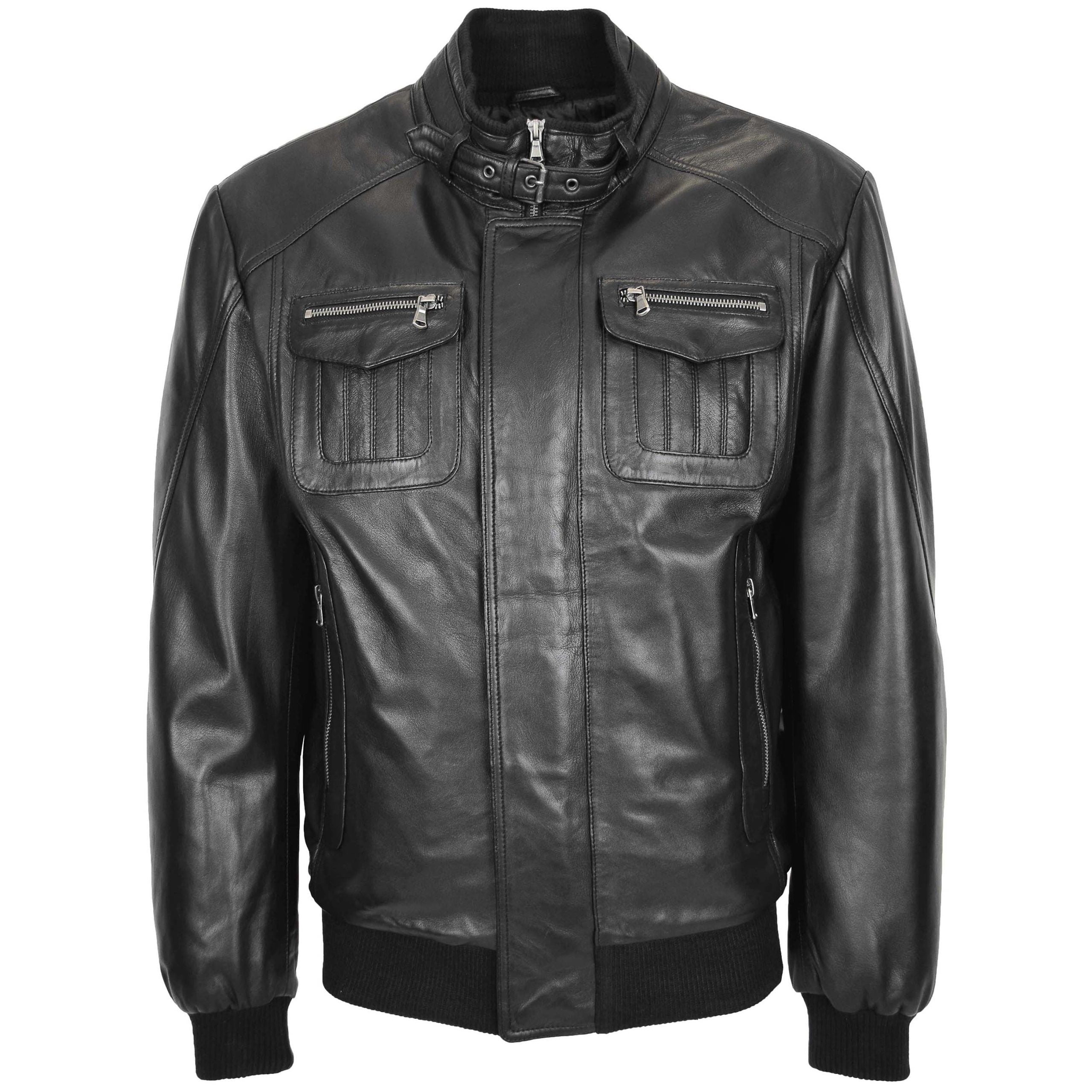 Mens Leather Bomber Flight Jacket Tom Nova Black
