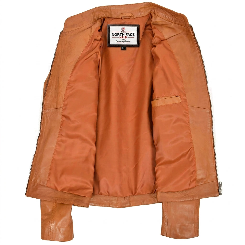 Womens Leather Standing Collar Jacket Becky Dynamo Tan
