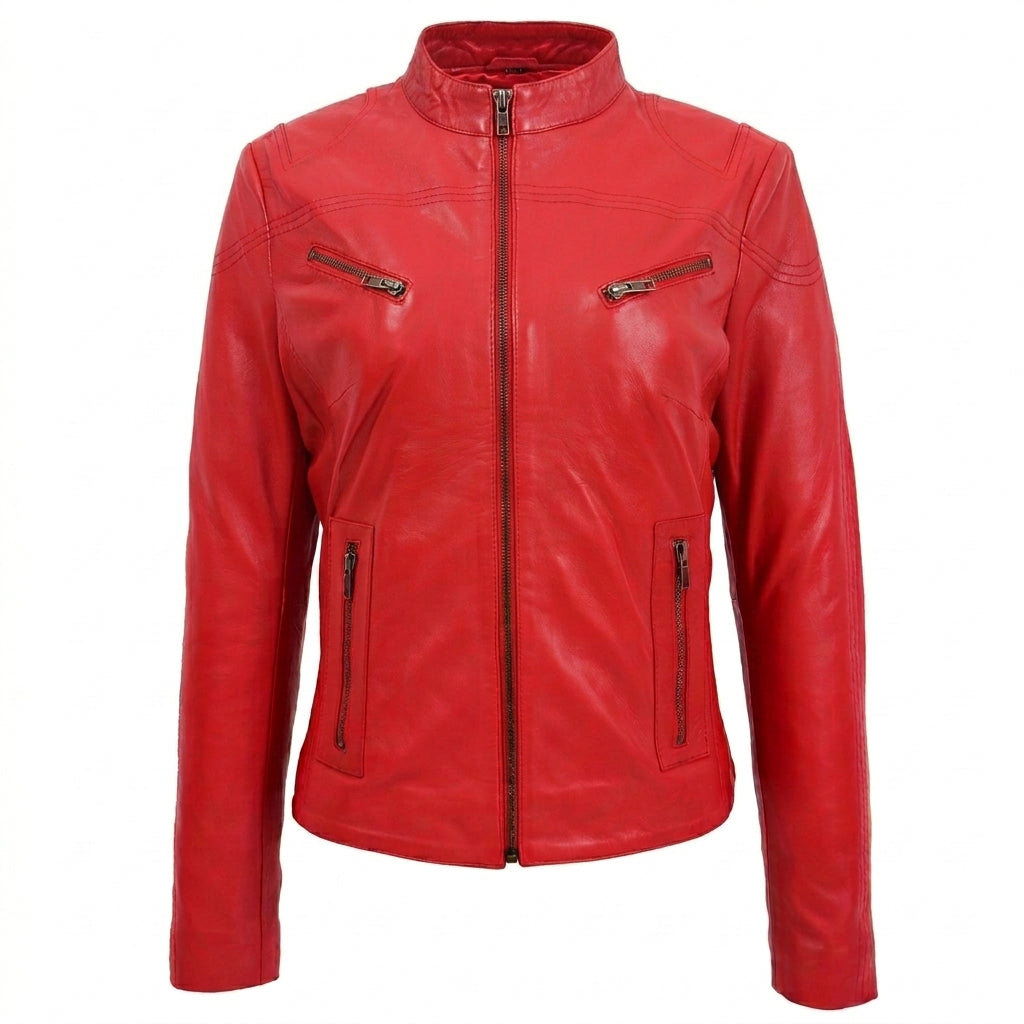 Womens Leather Standing Collar Jacket Becky Ignite Candy Red