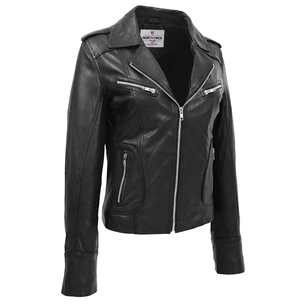 Womens Leather Fitted Biker Style Jacket Kim Nova Black