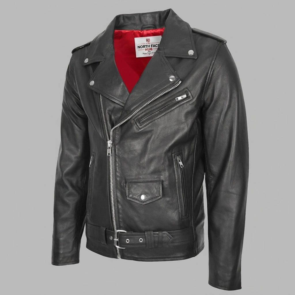 Mens Leather Biker Jacket Brando Style Johnny Dynamo Nova Black