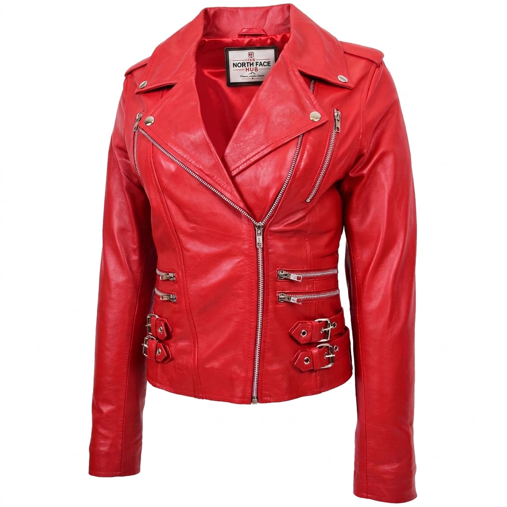 Womens Cross Zip Biker Leather Jacket Cara Ignite Red