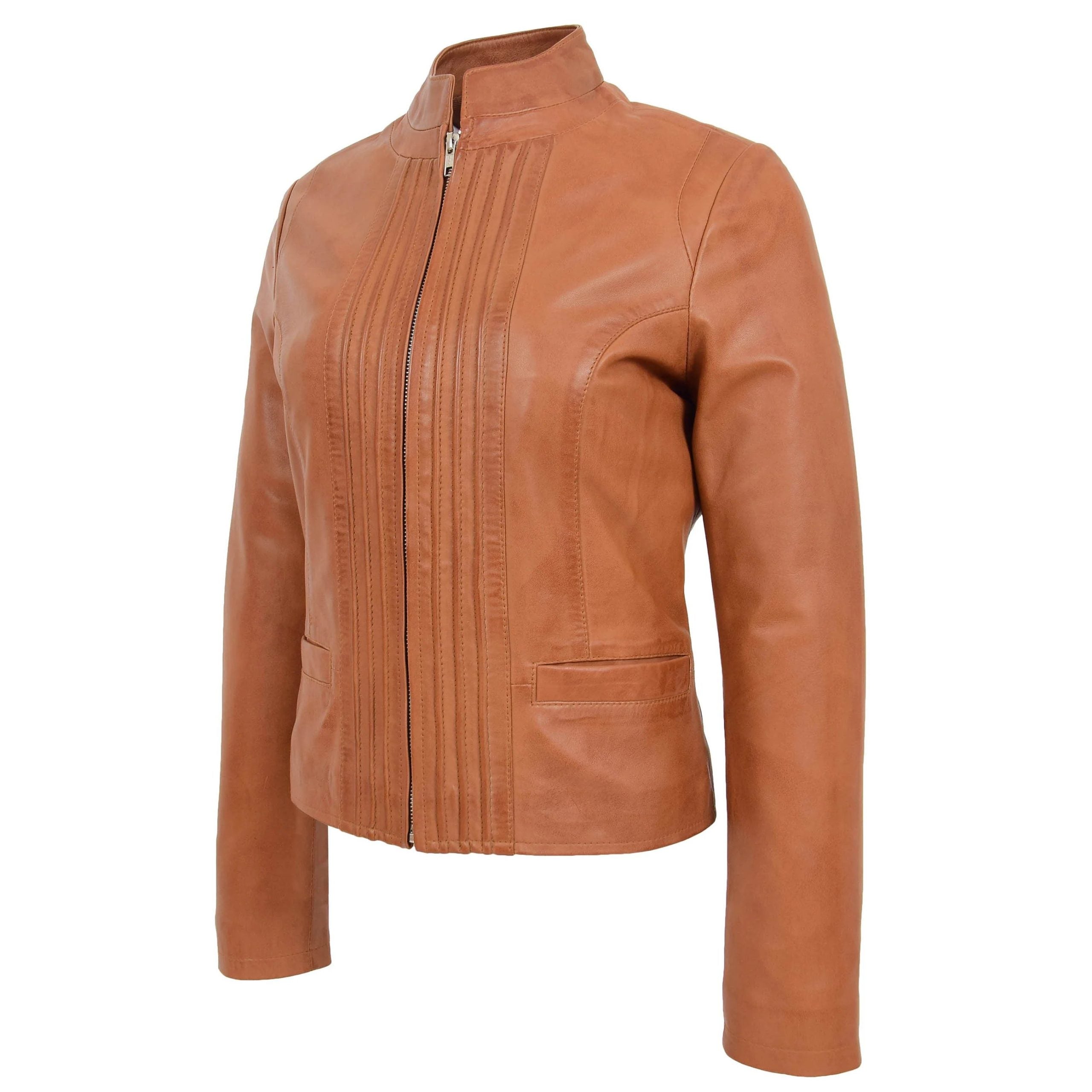 Womens Leather Casual Standing Collar Jacket Dynamo Tan