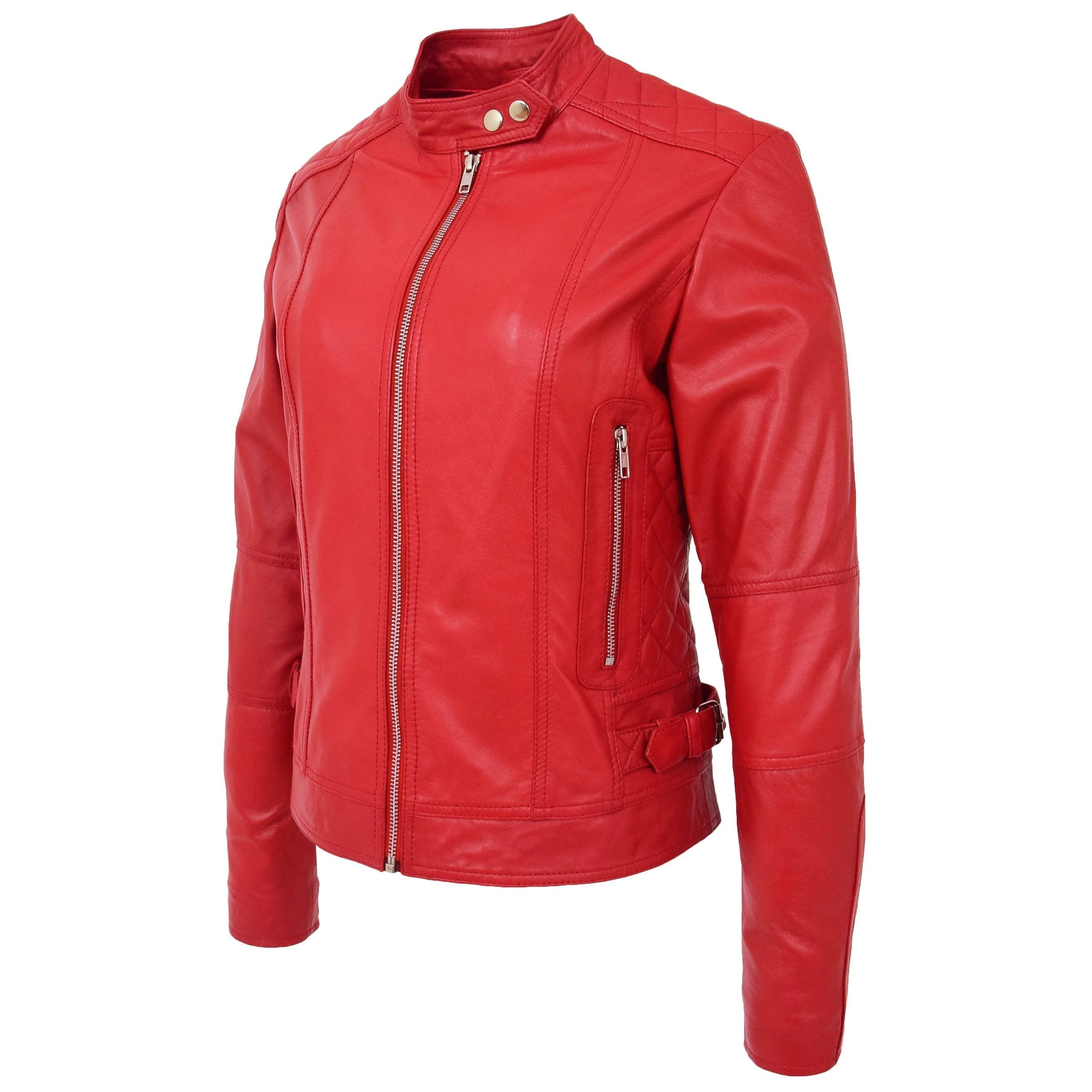 Womens Soft Leather Casual Zip Biker Jacket Ruby Ignite Red
