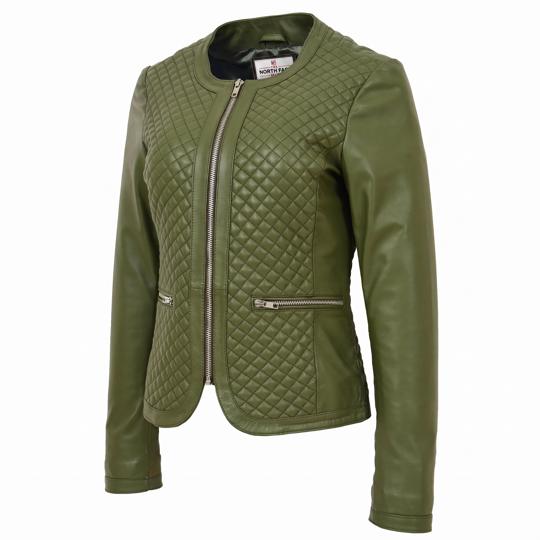 Womens Leather Collarless Jacket with Quilt Design Joan Aurora Olive Green