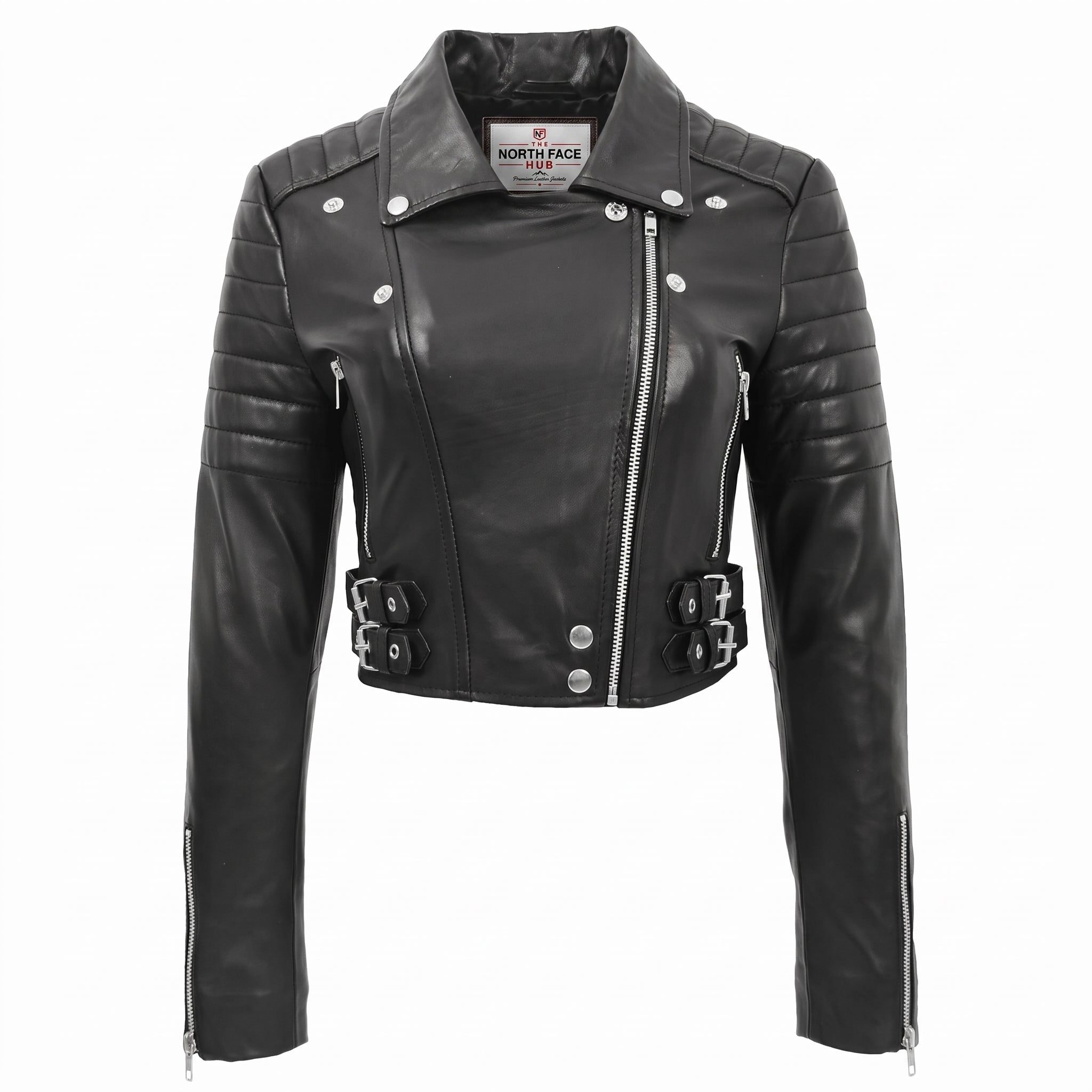 Womens Leather Cropped Biker Style Jacket Demi Nova Black