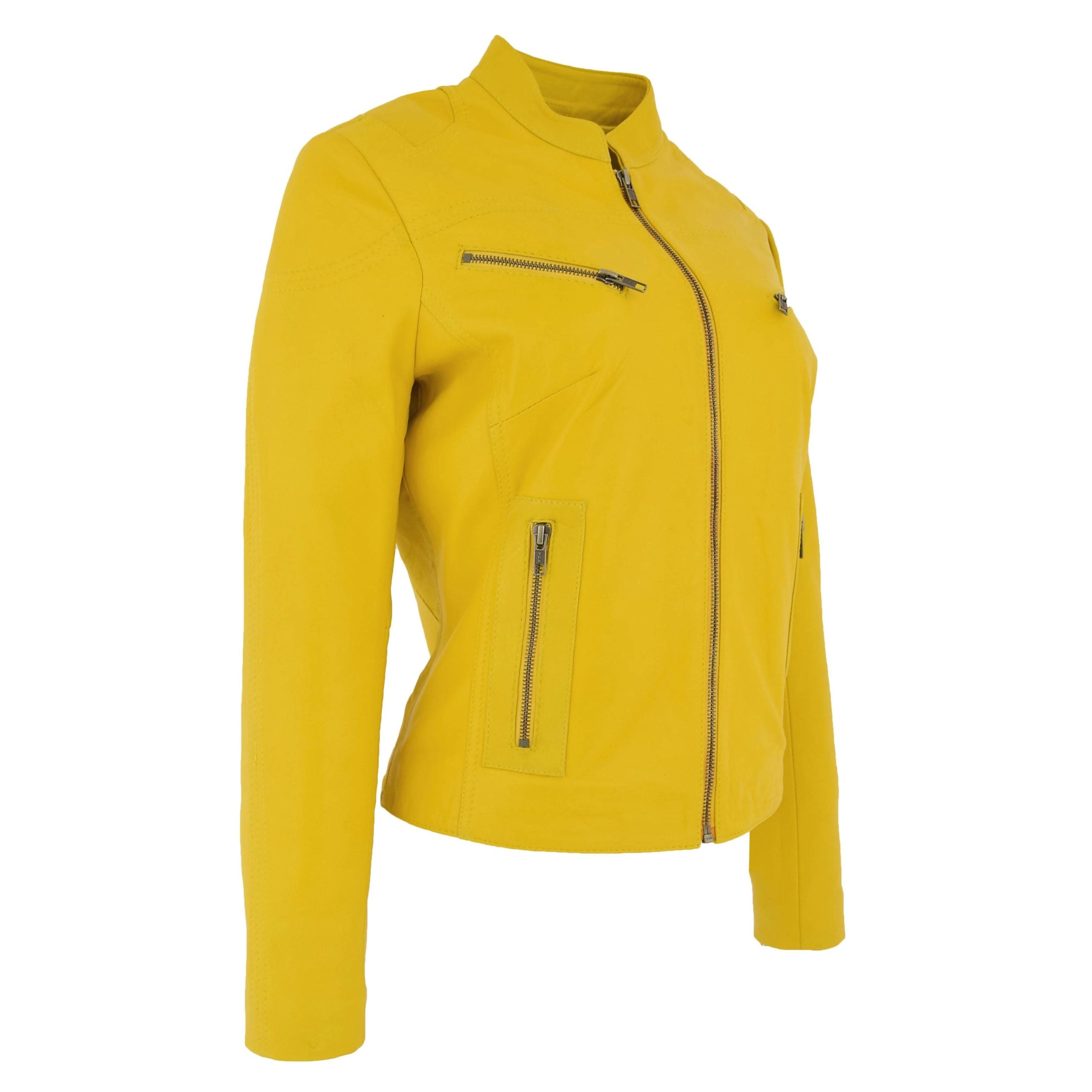 Womens Leather Standing Collar Jacket Becky Vivid Yellow