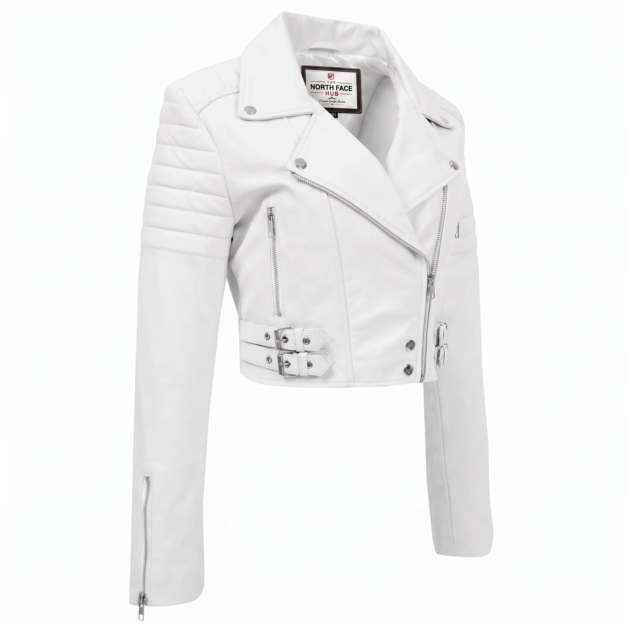 Womens Leather Cropped Biker Style Jacket Demi Astral White