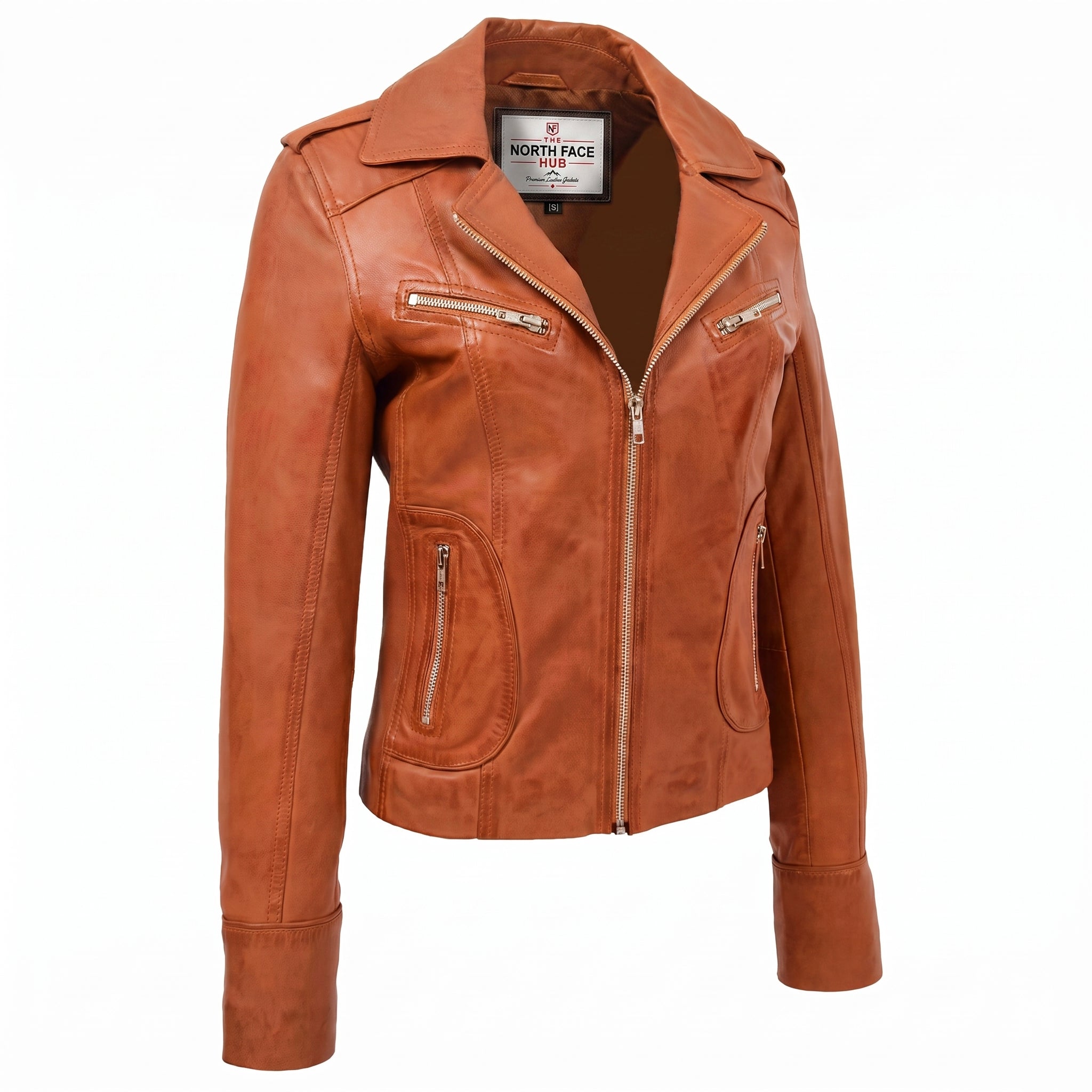 Womens Leather Fitted Biker Style Jacket Kim Dynamo Tan