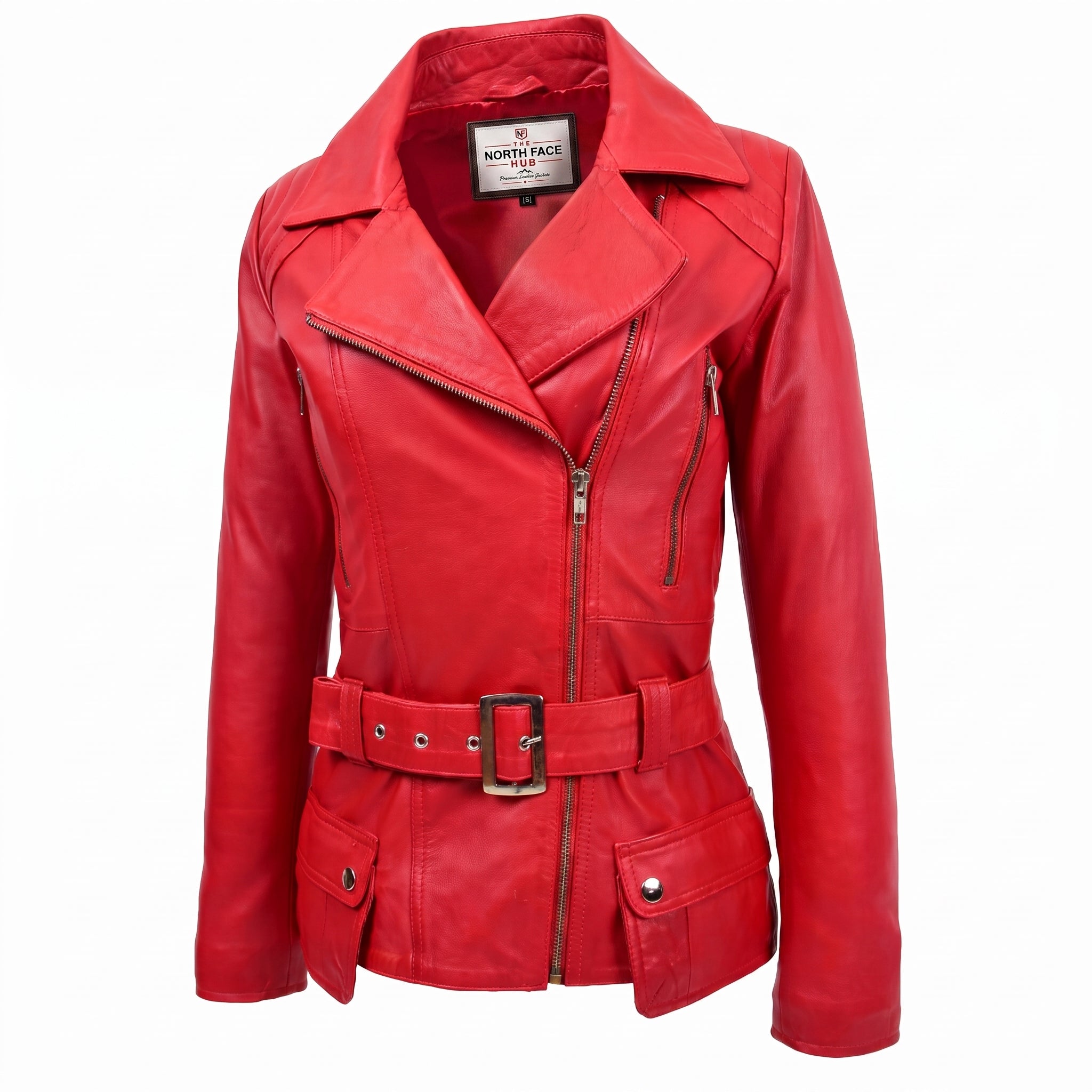 Womens Leather Hip Length Biker Jacket Celia Ignite Red