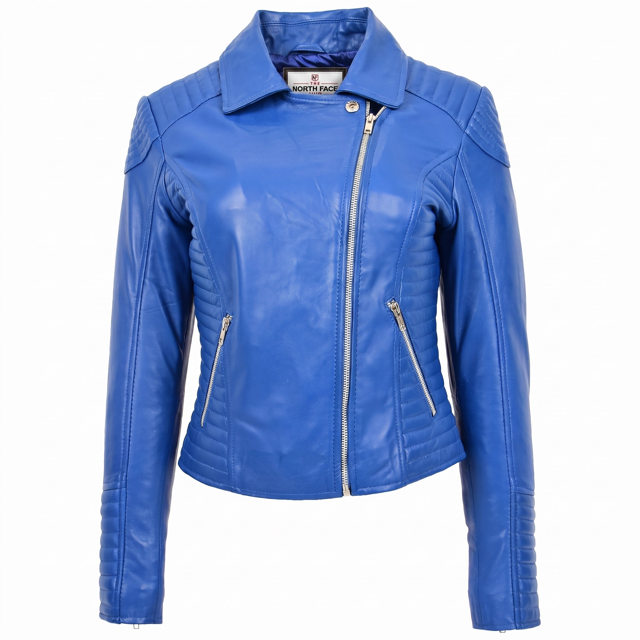 Womens Soft Leather Cross Zip Biker Jacket Anna Radiant Blue