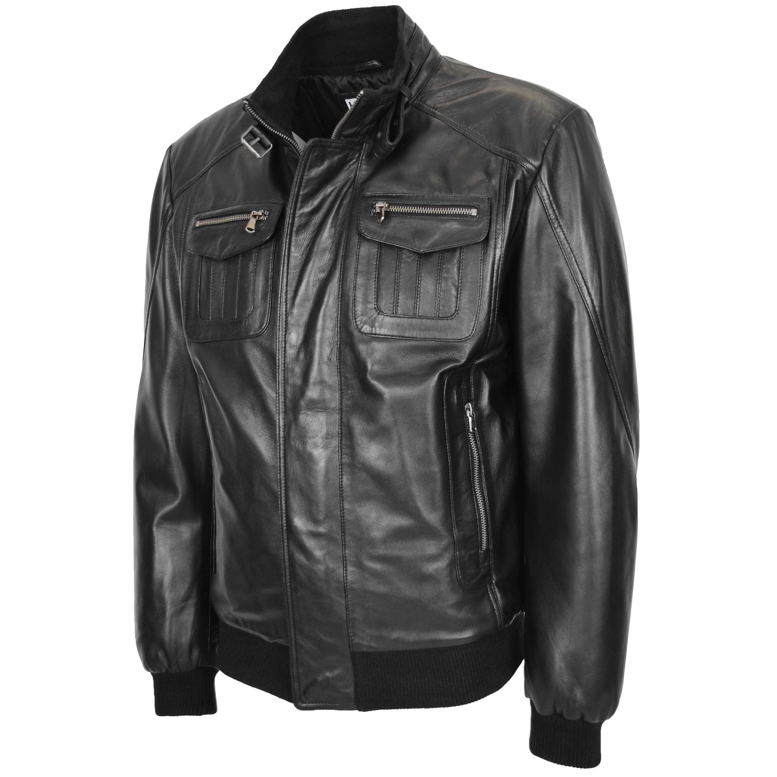 Mens Leather Bomber Flight Jacket Tom Nova Black