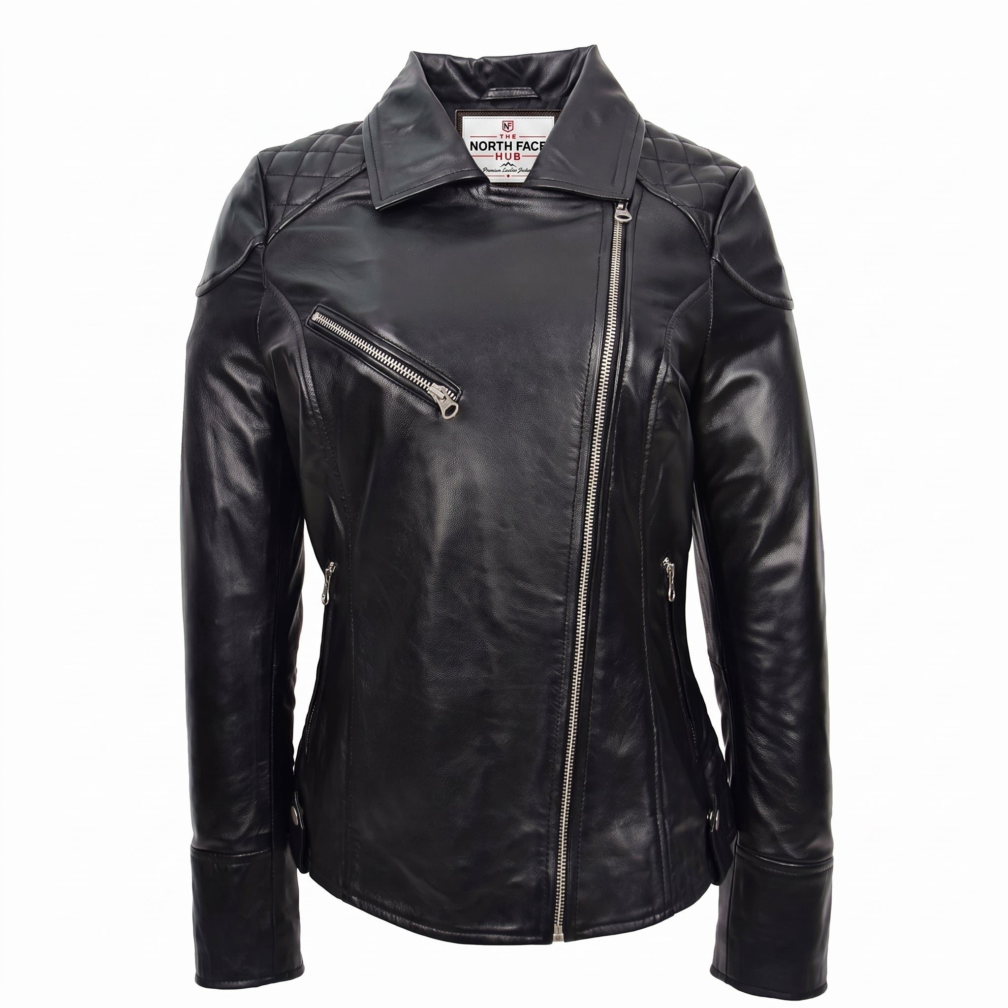 Womens Real Leather Biker Jacket Cross Zip Pockets Cherry Nova Black