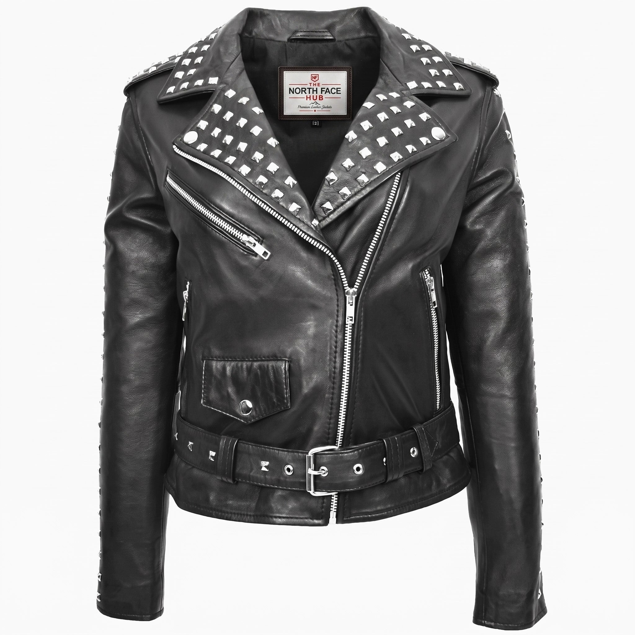 Womens Real Leather Biker Jacket Studded Brando Jacket Heidi Nova Black