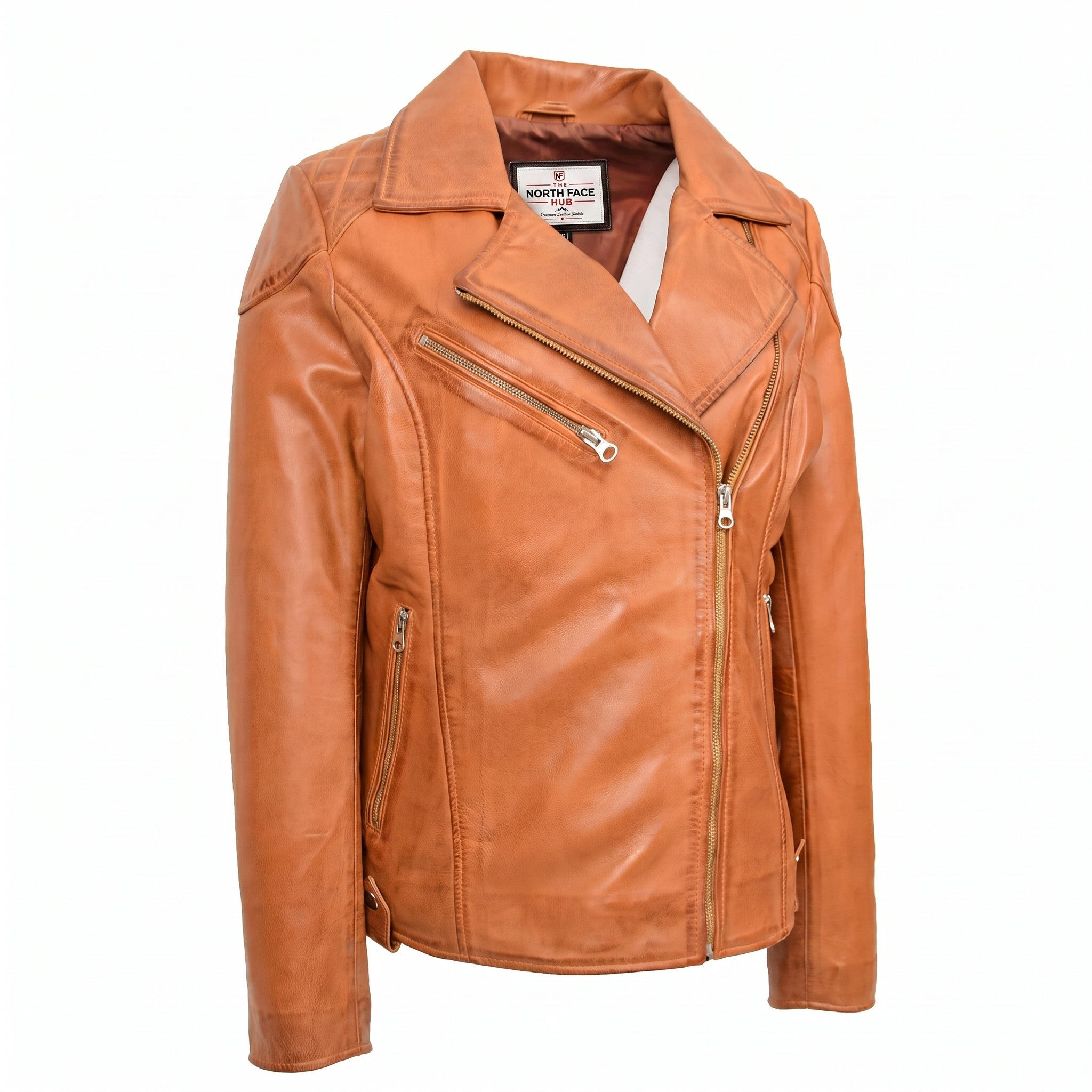 Womens Real Leather Biker Jacket Cross Zip Pockets Cherry Dynamo Tan