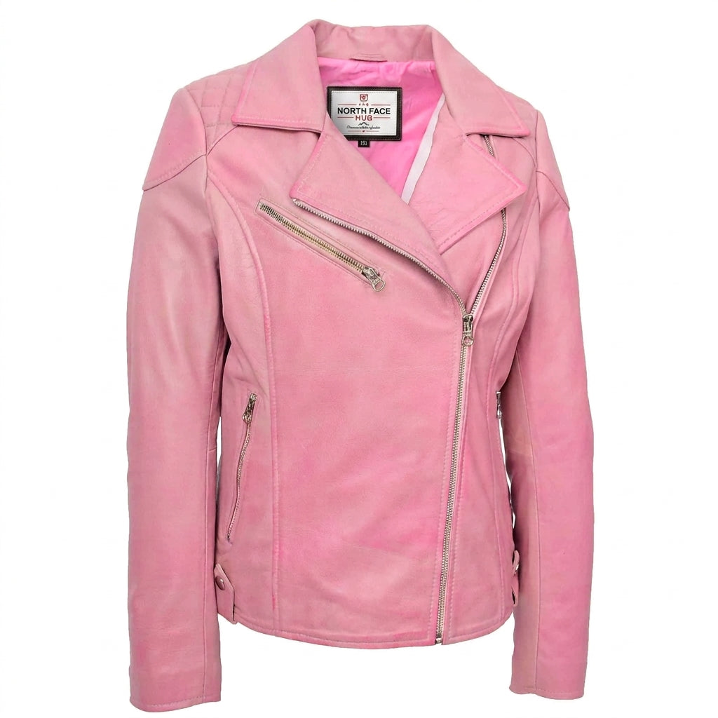 Womens Real Leather Biker Jacket Cross Zip Pockets Cherry Chroma Pink