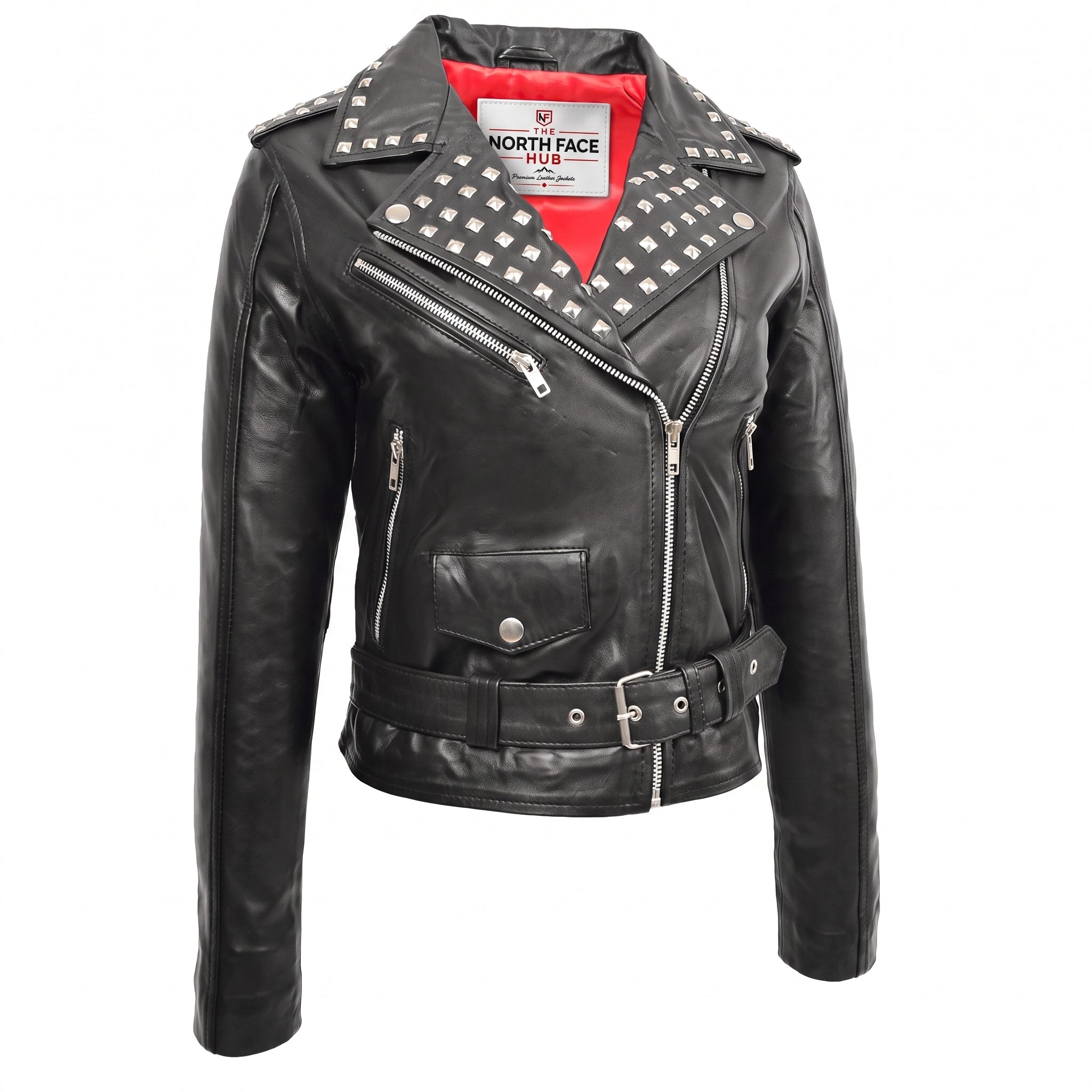 Womens Leather Studded Brando Style Jacket Salma Nova Black