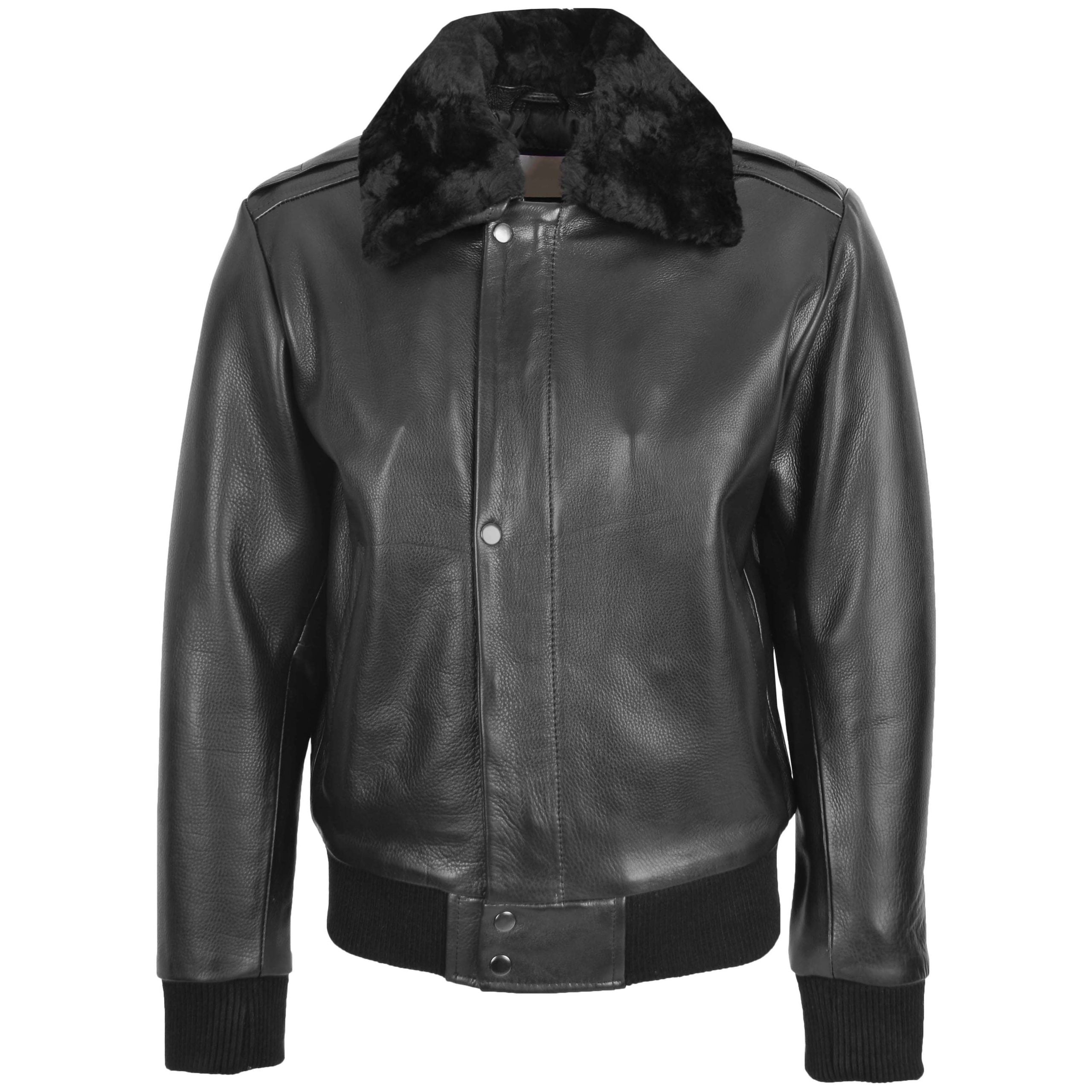Mens Leather Bomber Pilot Jacket Removable Collar Leroy Nova Black
