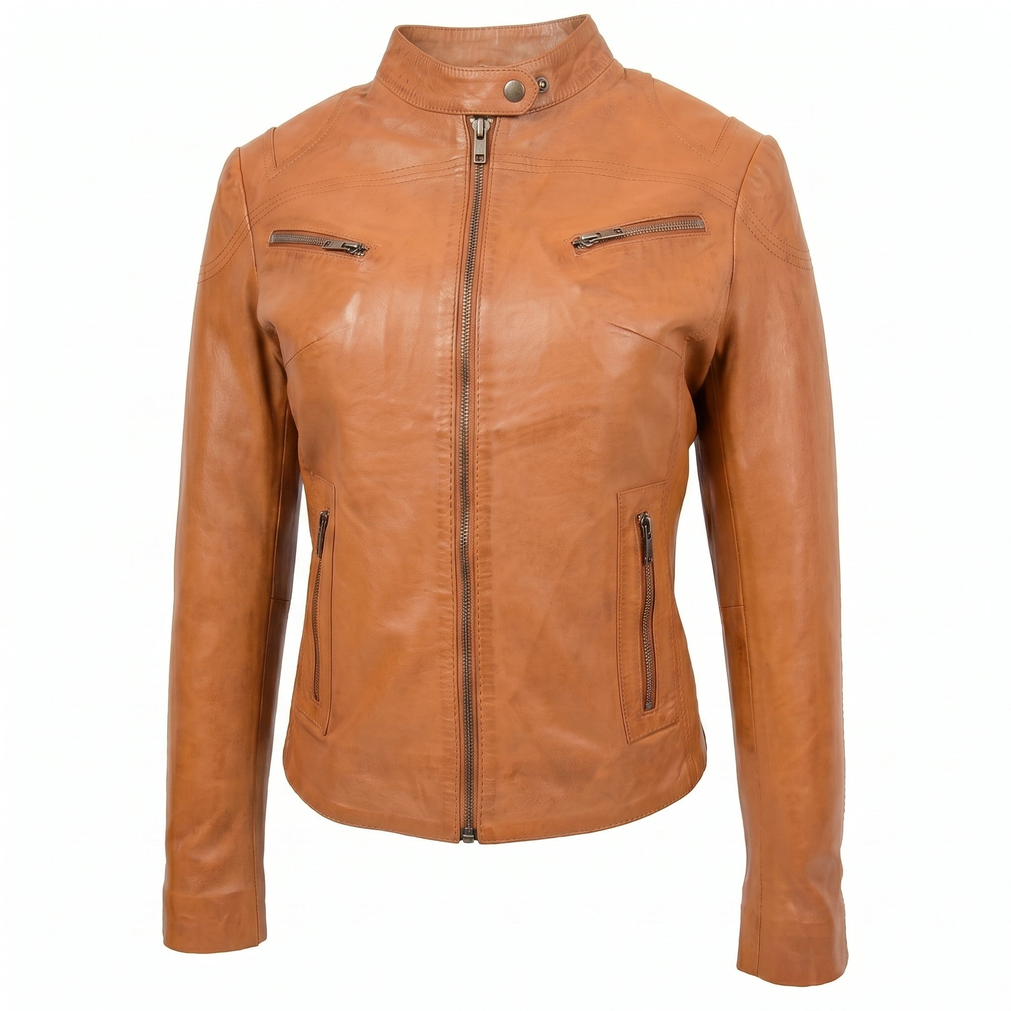 Womens Leather Standing Collar Jacket Becky Dynamo Tan