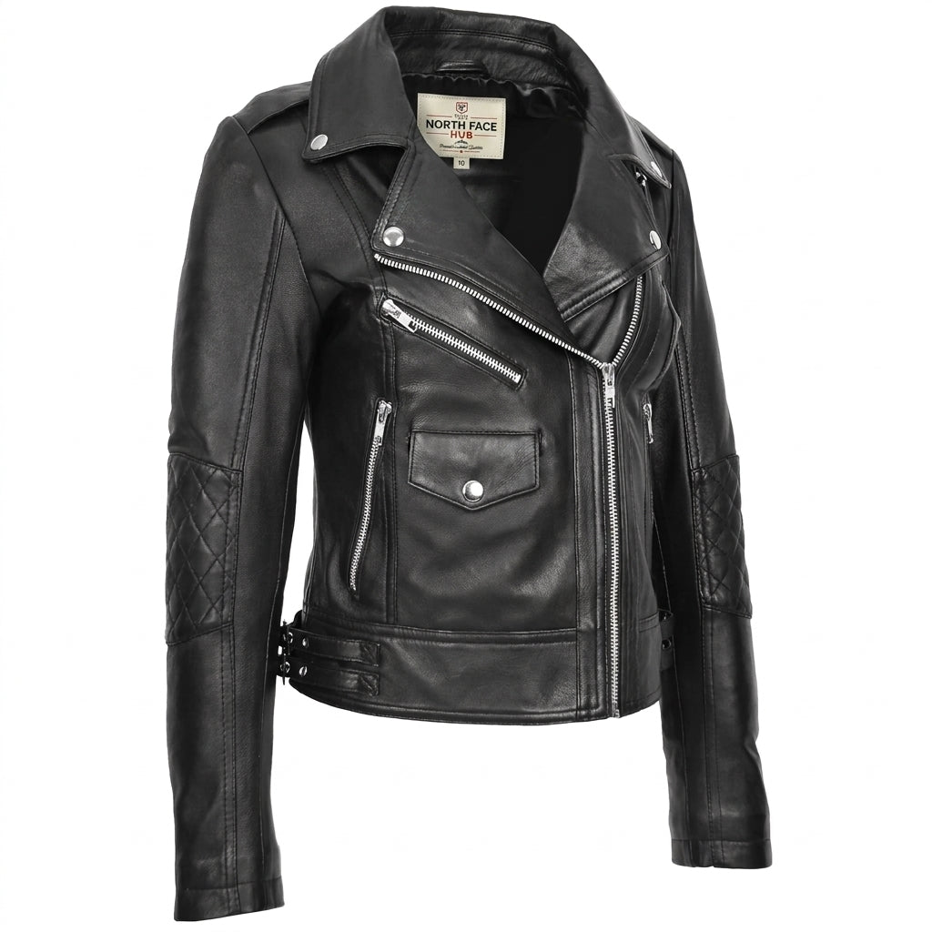 Womens Real Leather Biker Cross Zip Fashion Jacket Remi Nova Black