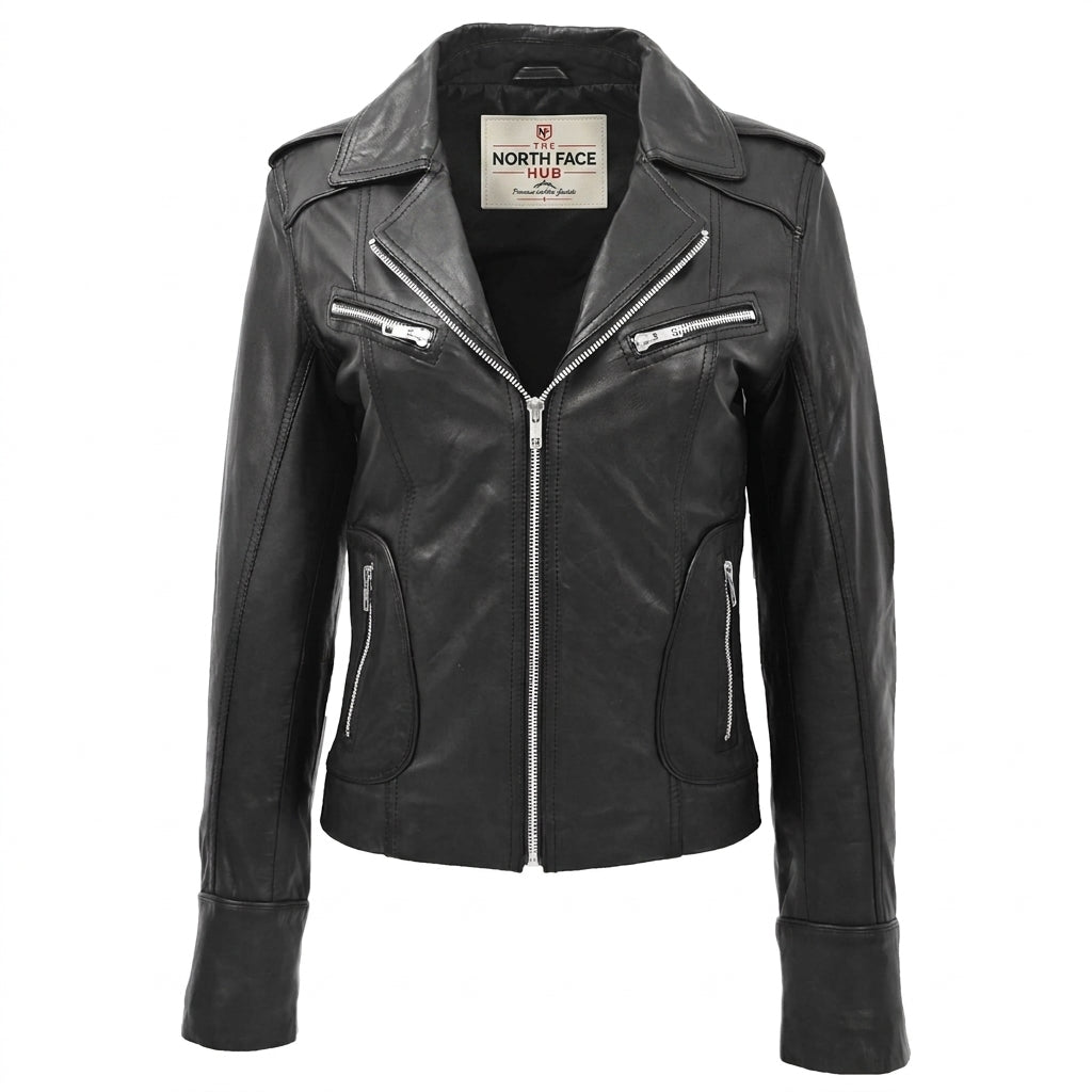 Womens Leather Fitted Biker Style Jacket Kim Nova Black