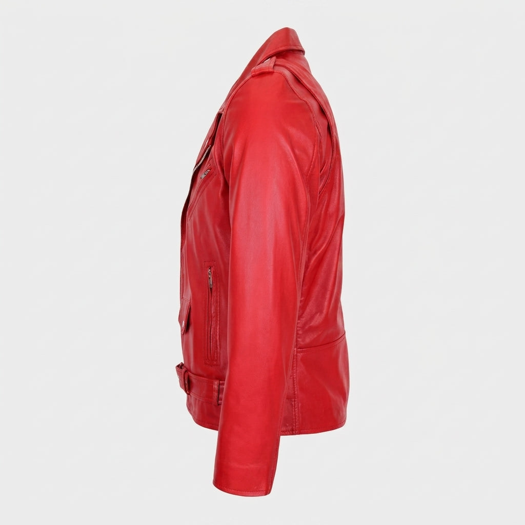 Mens Leather Biker Jacket Brando Style Johnny Dynamo Ignite Red