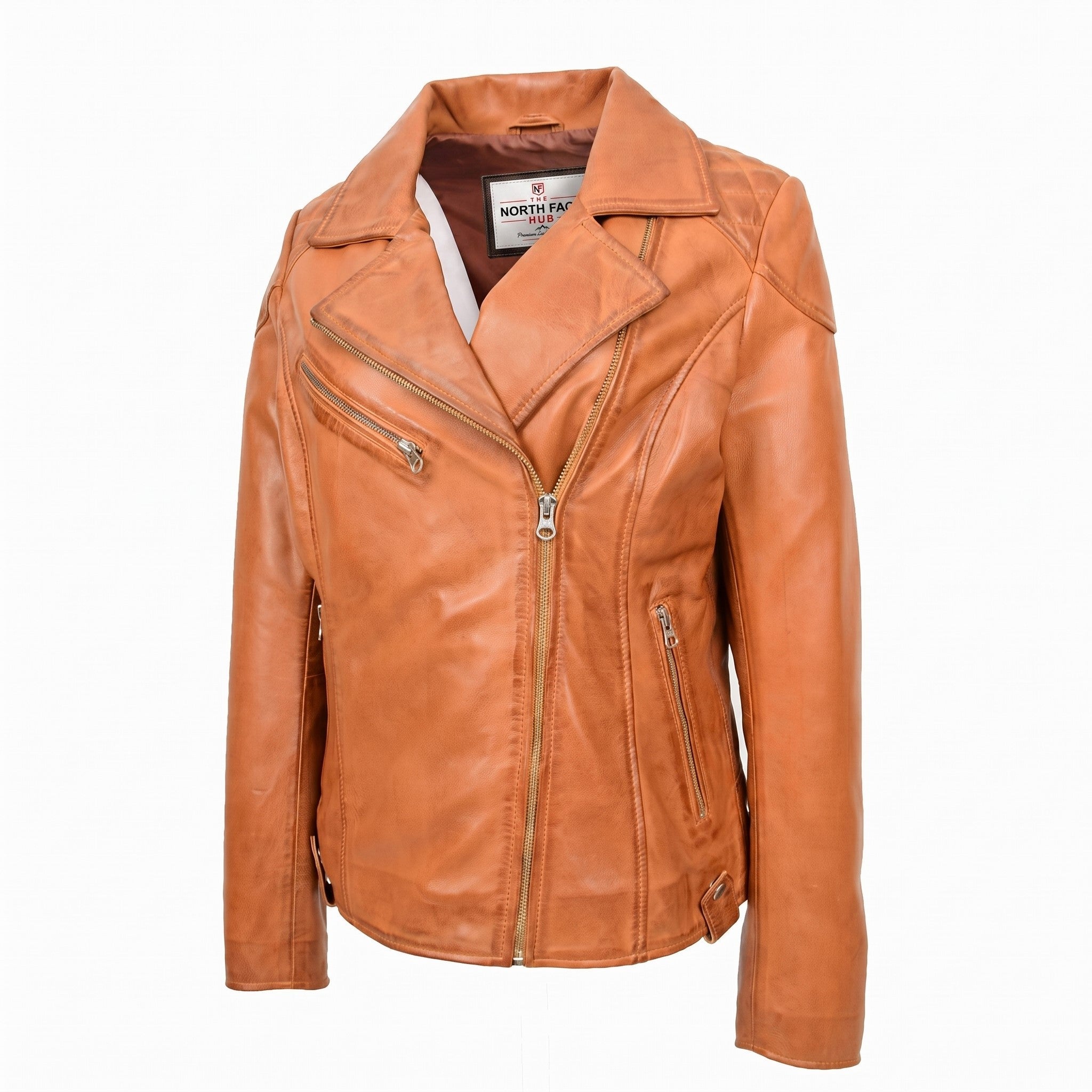 Womens Real Leather Biker Jacket Cross Zip Pockets Cherry Dynamo Tan