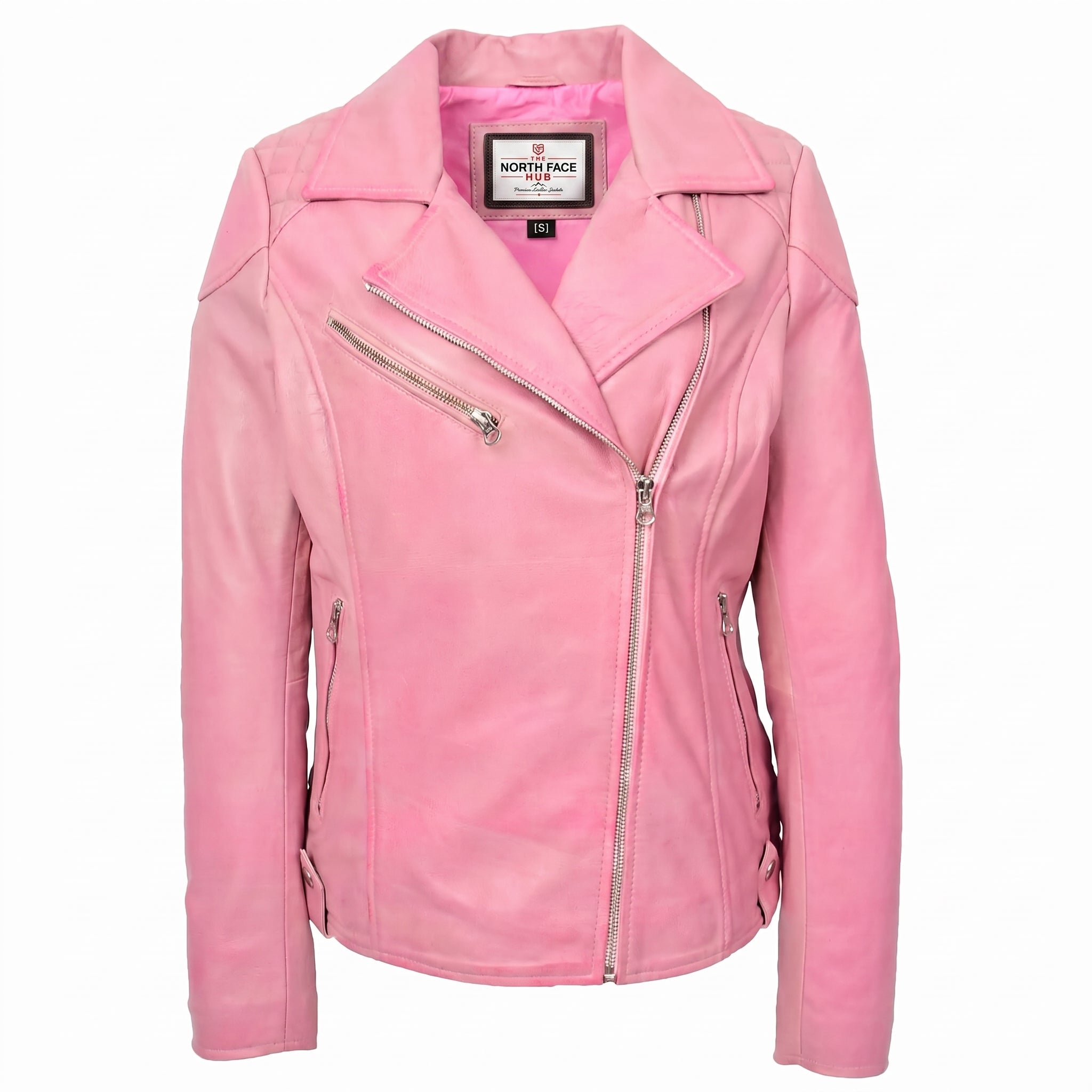 Womens Real Leather Biker Jacket Cross Zip Pockets Cherry Chroma Pink