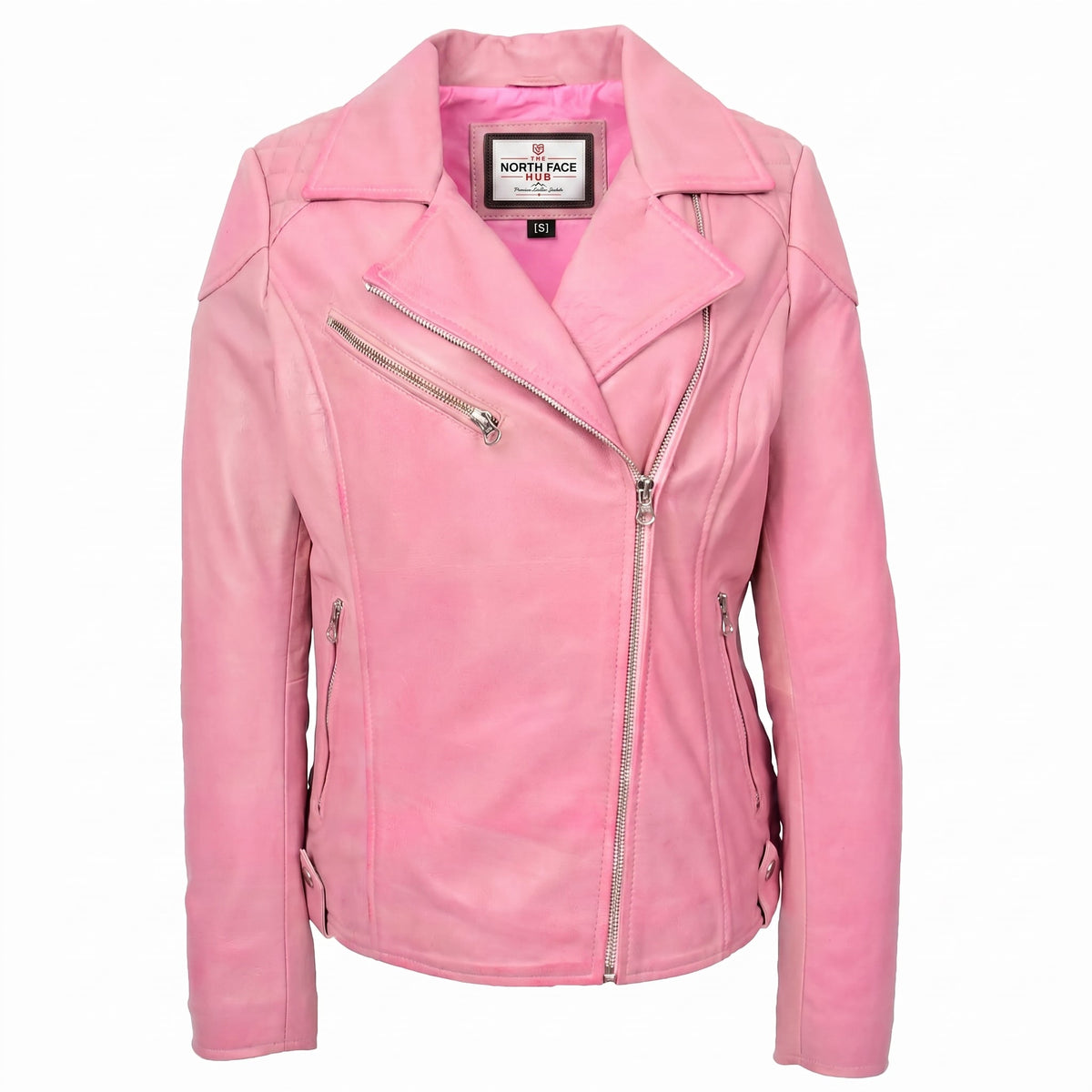 Womens Real Leather Biker Jacket Cross Zip Pockets Cherry Chroma Pink