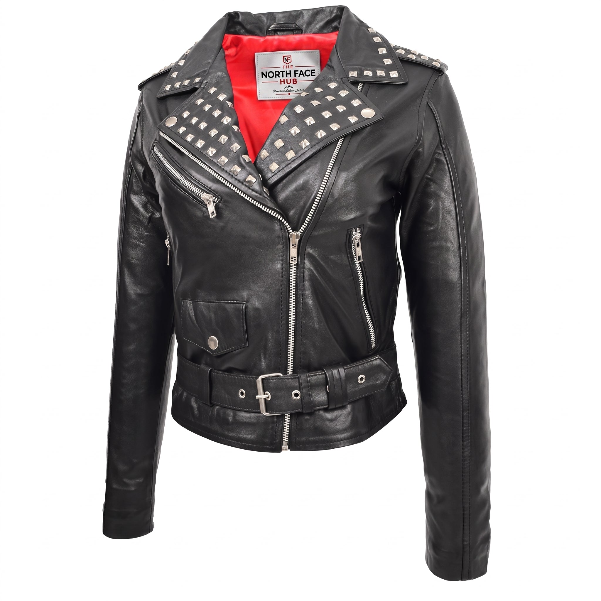 Womens Leather Studded Brando Style Jacket Salma Nova Black