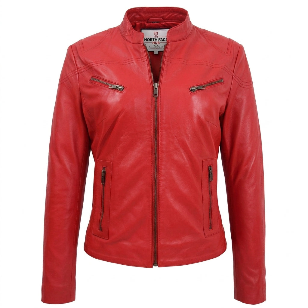Womens Leather Standing Collar Jacket Becky Ignite Candy Red