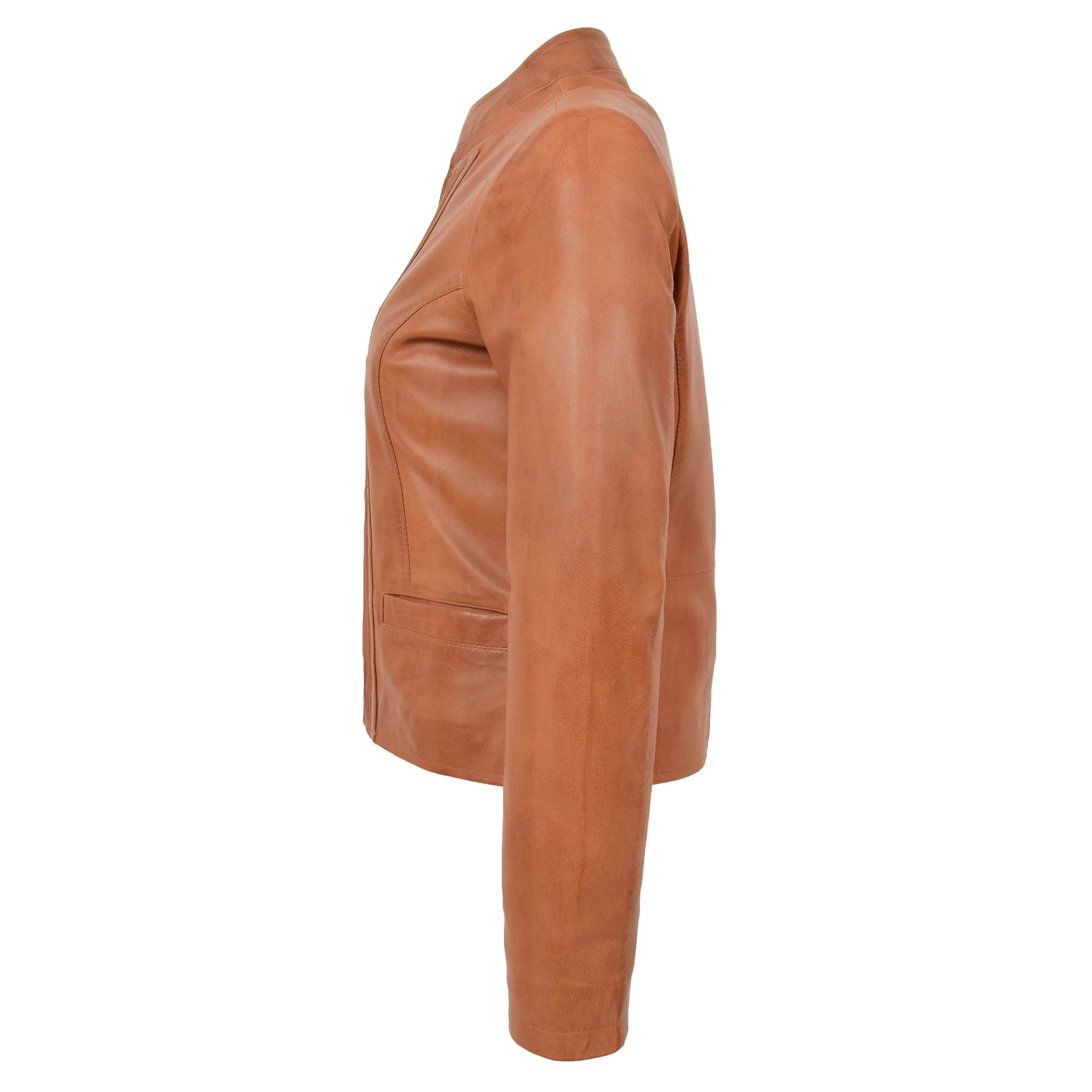 Womens Leather Casual Standing Collar Jacket Dynamo Tan