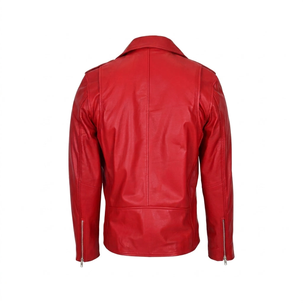 Mens Leather Biker Jacket Brando Style Johnny Dynamo Ignite Red