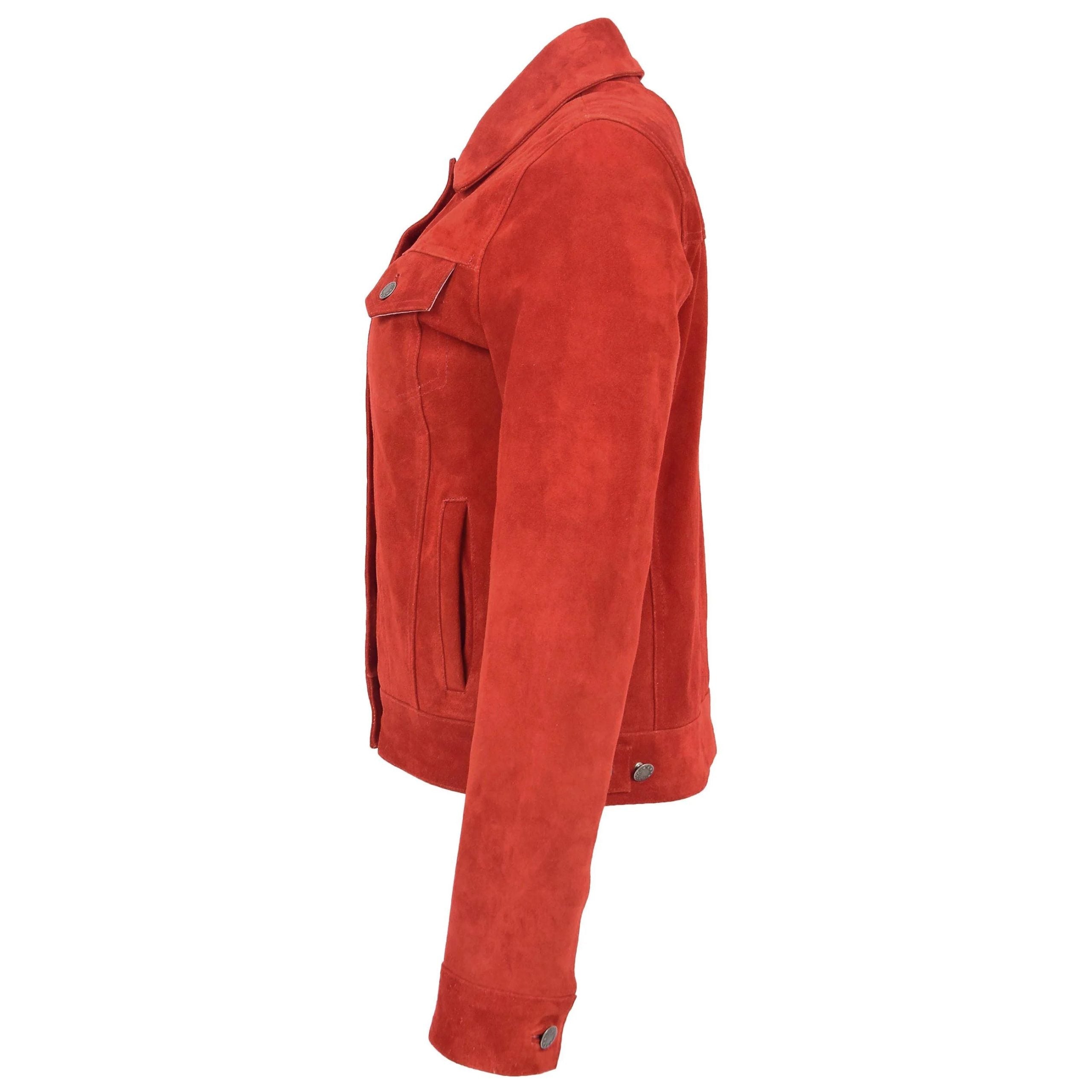 Womens Soft Suede Trucker Style Jacket Alma Ignite Red