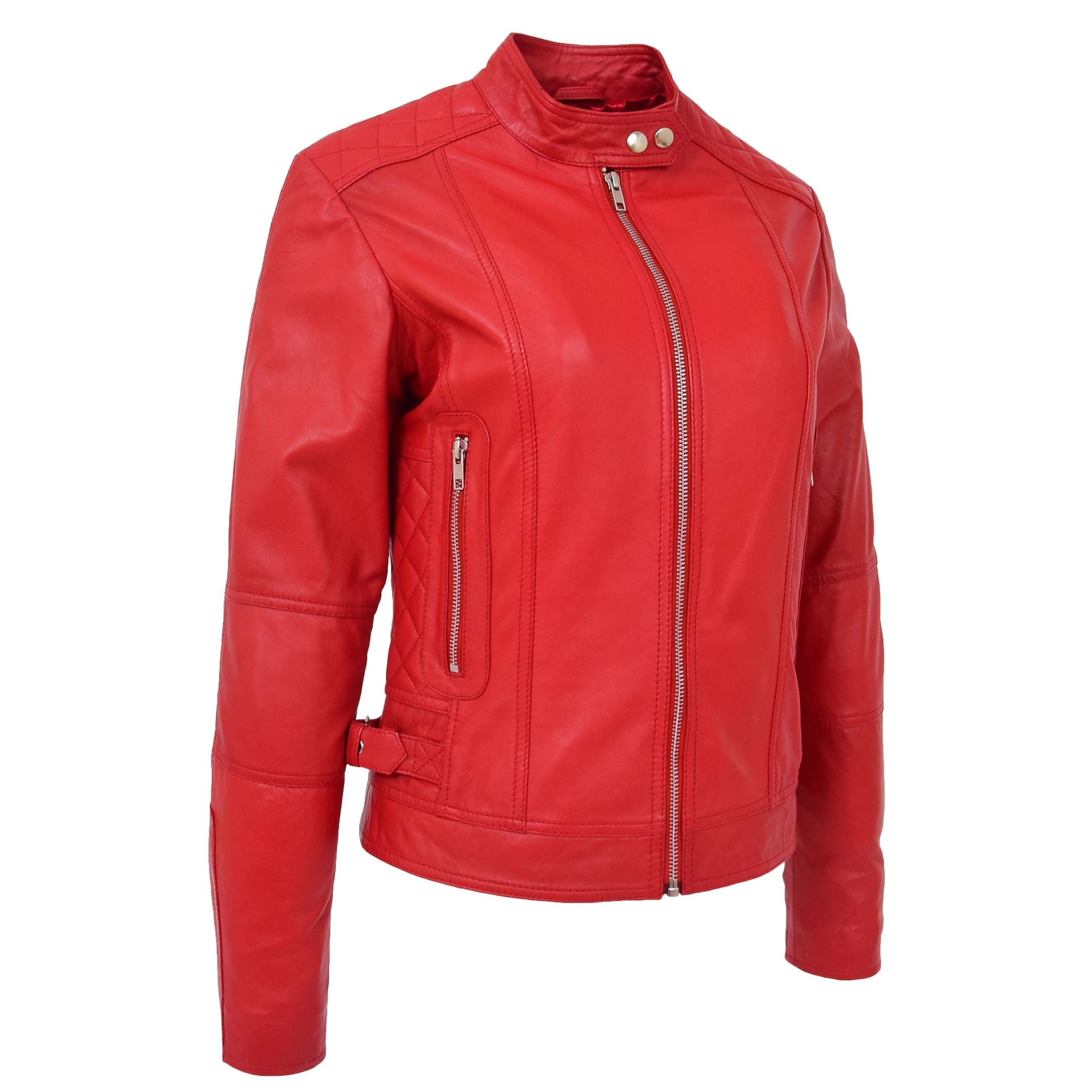 Womens Soft Leather Casual Zip Biker Jacket Ruby Ignite Red