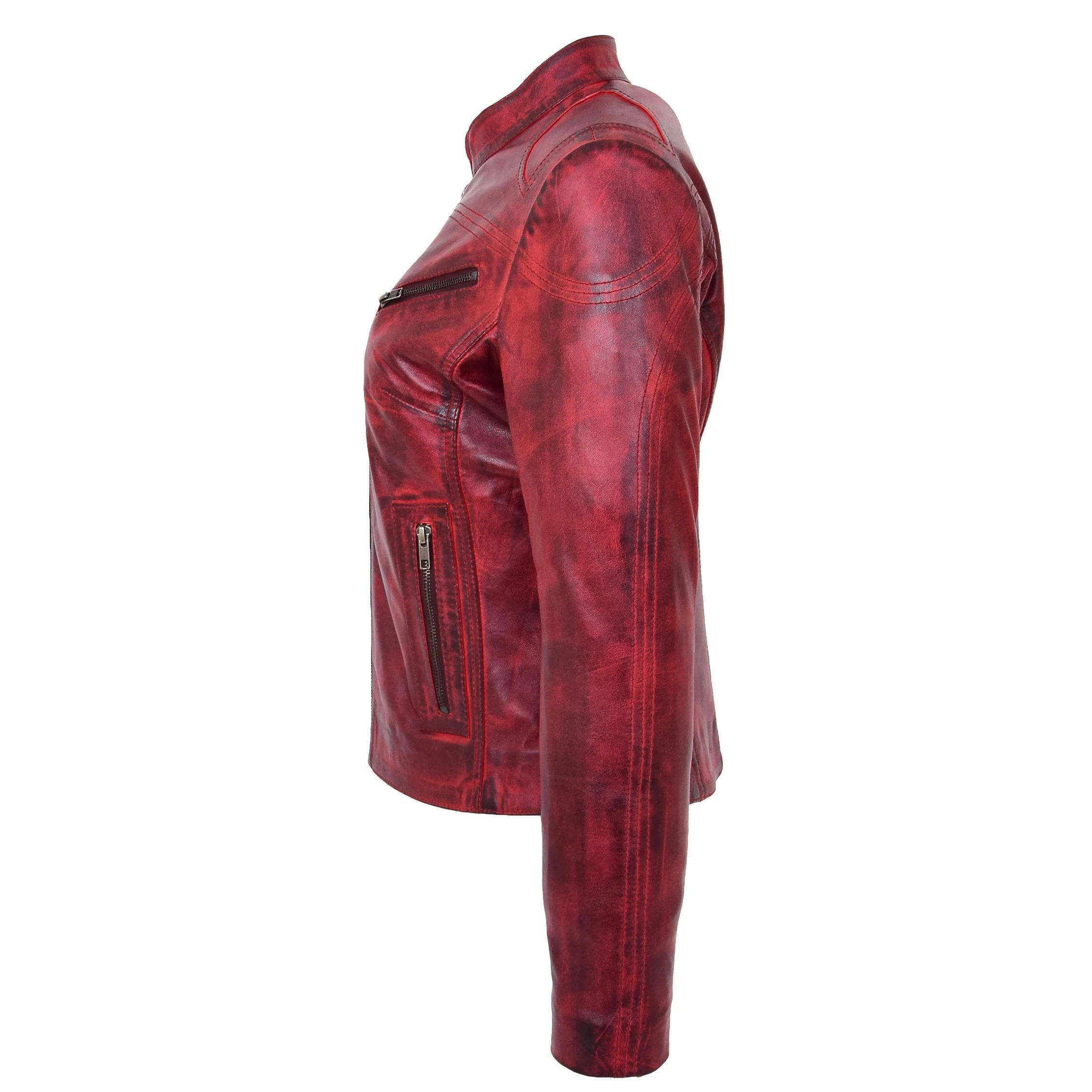 Womens Leather Standing Collar Jacket Becky Ignite Red