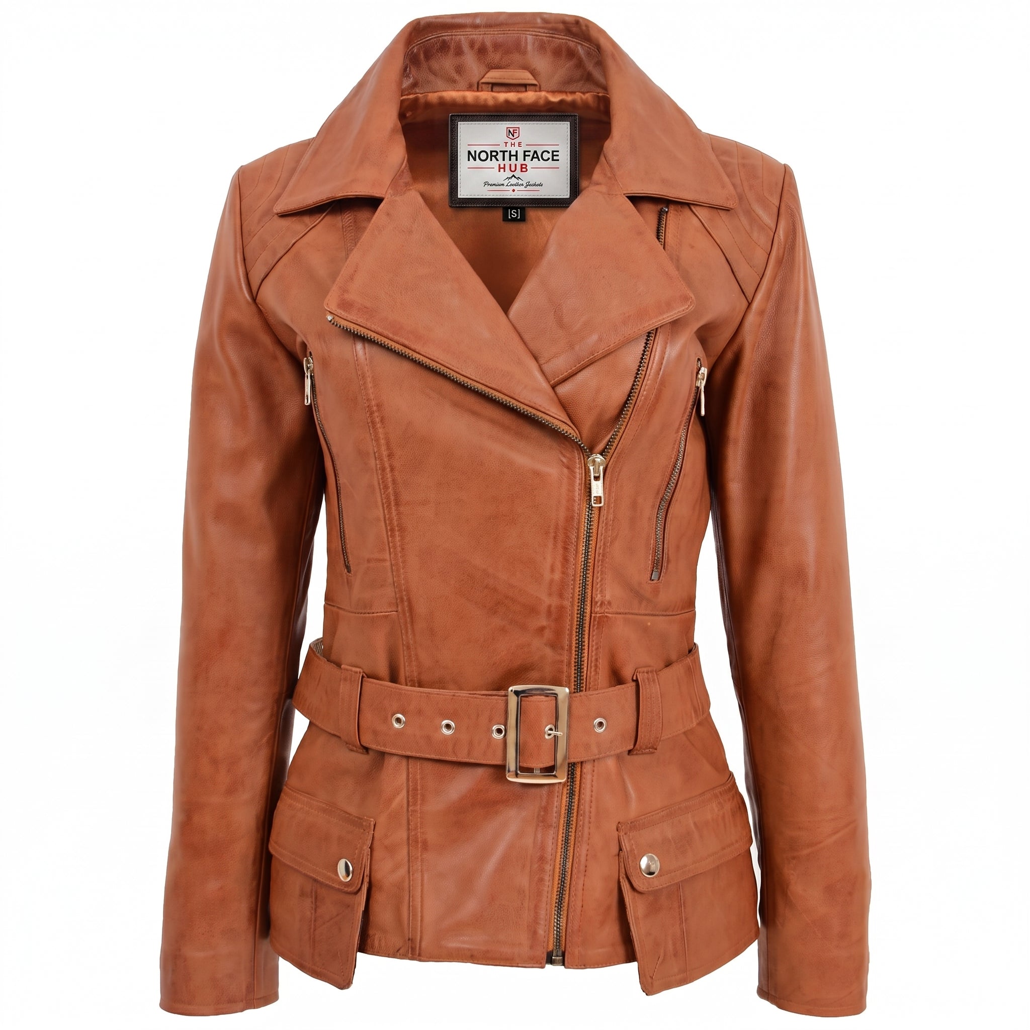 Womens Leather Hip Length Biker Jacket Celia Dynamo Tan