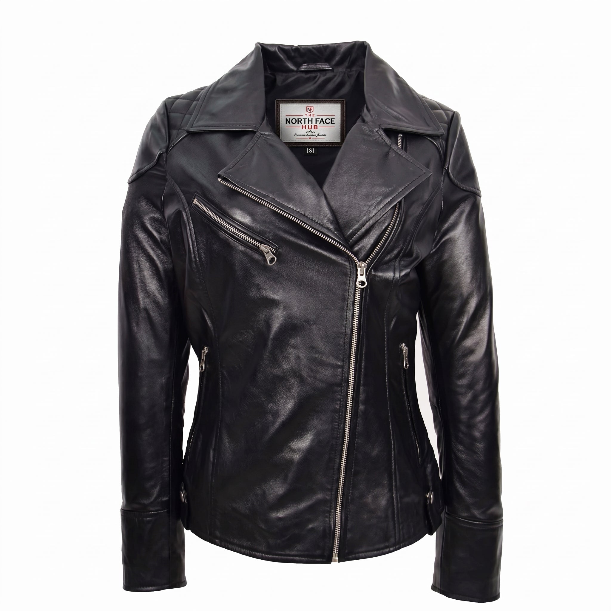 Womens Real Leather Biker Jacket Cross Zip Pockets Cherry Nova Black