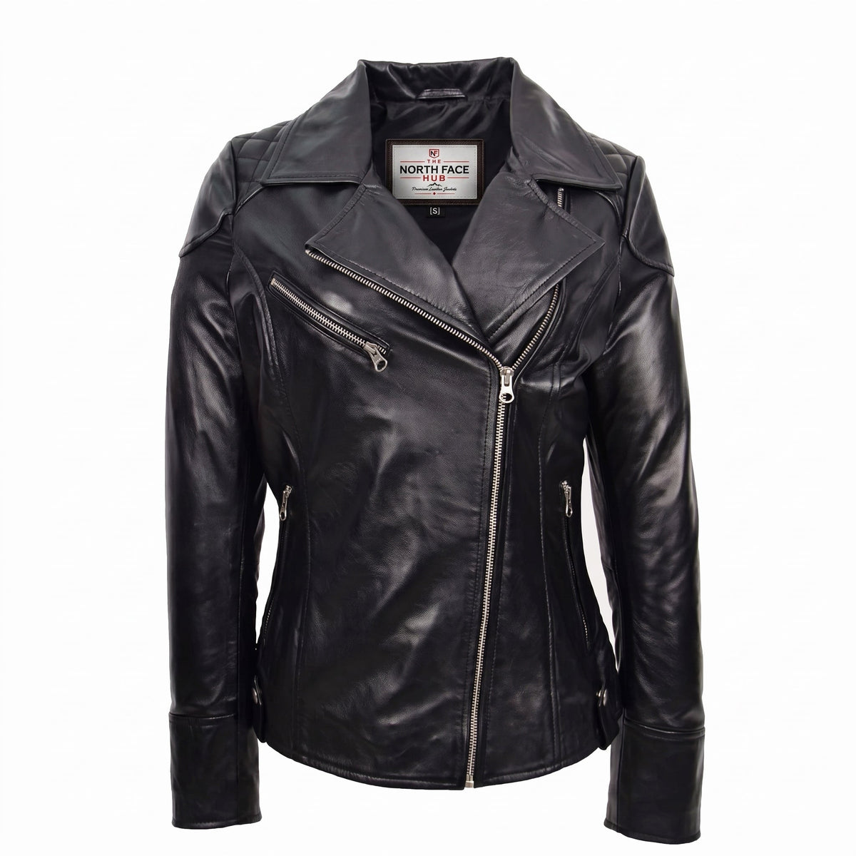 Womens Real Leather Biker Jacket Cross Zip Pockets Cherry Nova Black