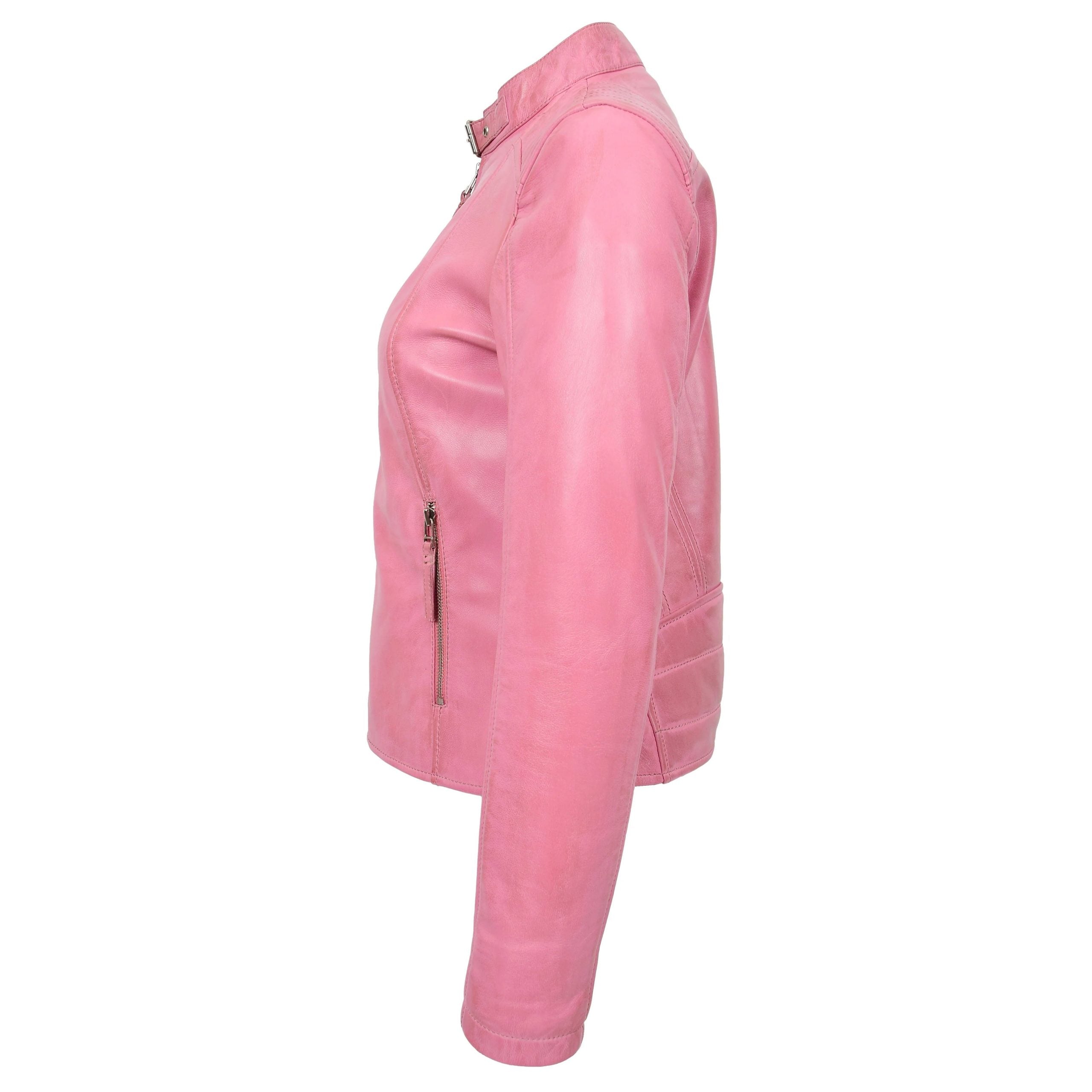 Womens Real Leather Classic Biker Jacket Sophia Baby Chroma Pink