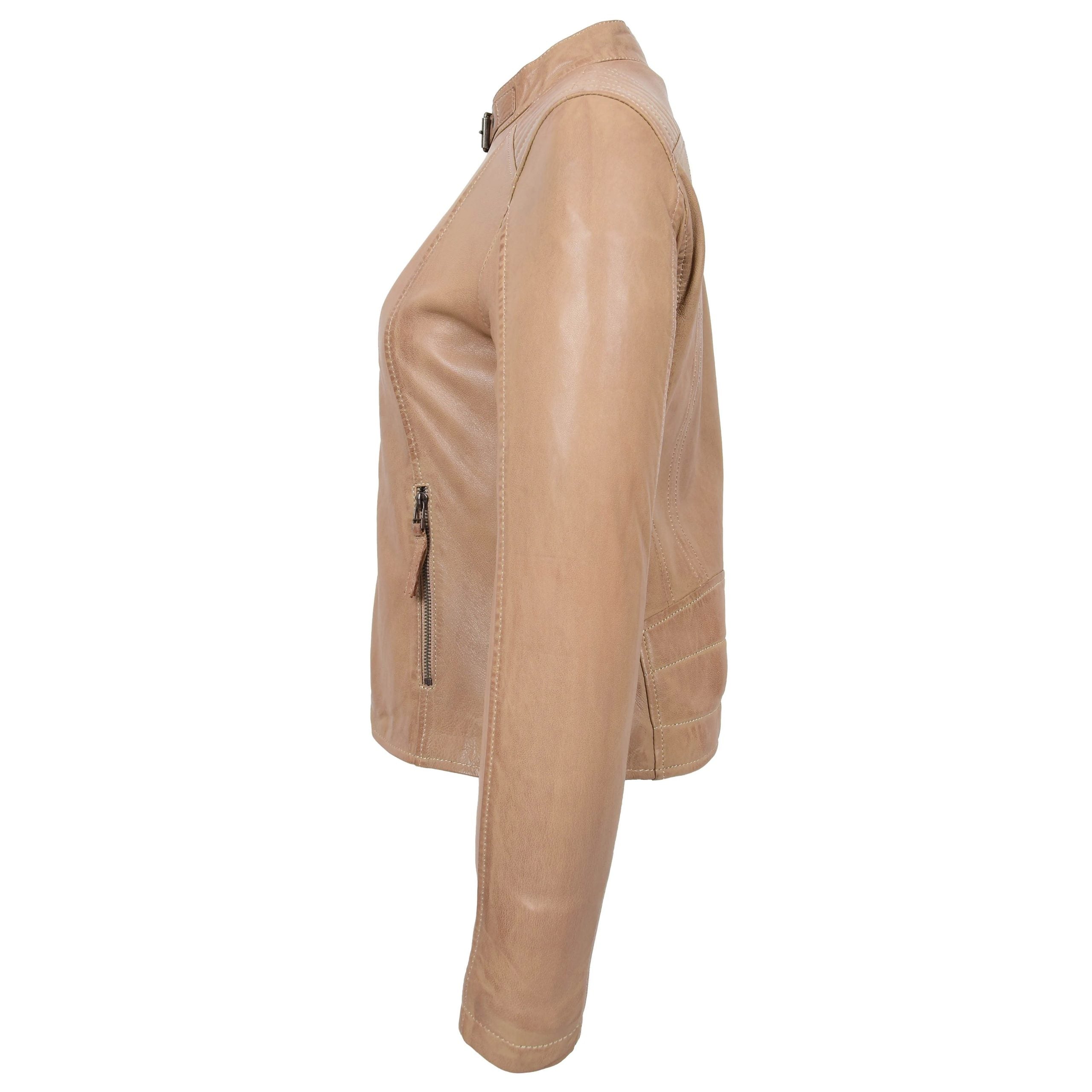 Womens Real Leather Classic Biker Jacket Sophia Luminous Beige