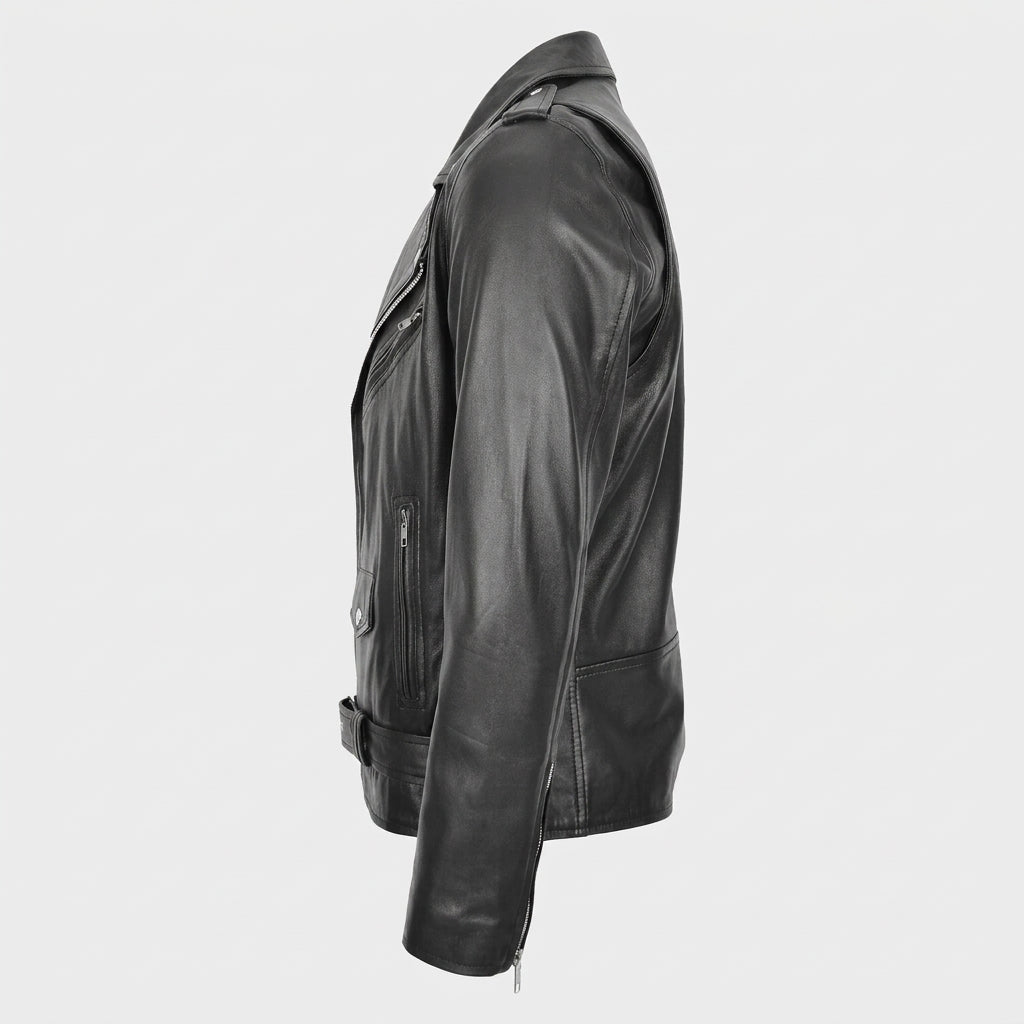 Mens Leather Biker Jacket Brando Style Johnny Dynamo Nova Black