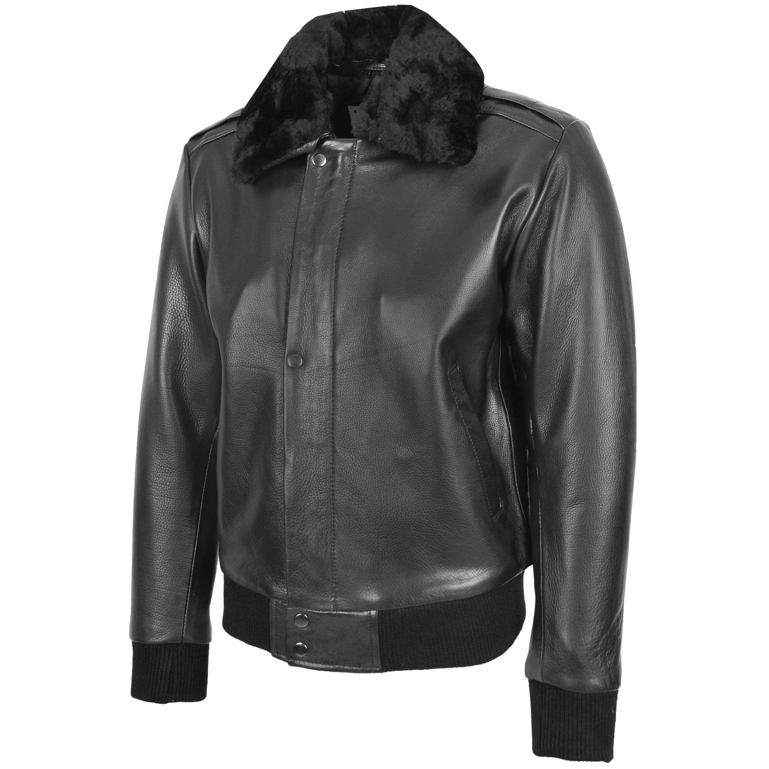 Mens Leather Bomber Pilot Jacket Removable Collar Leroy Nova Black