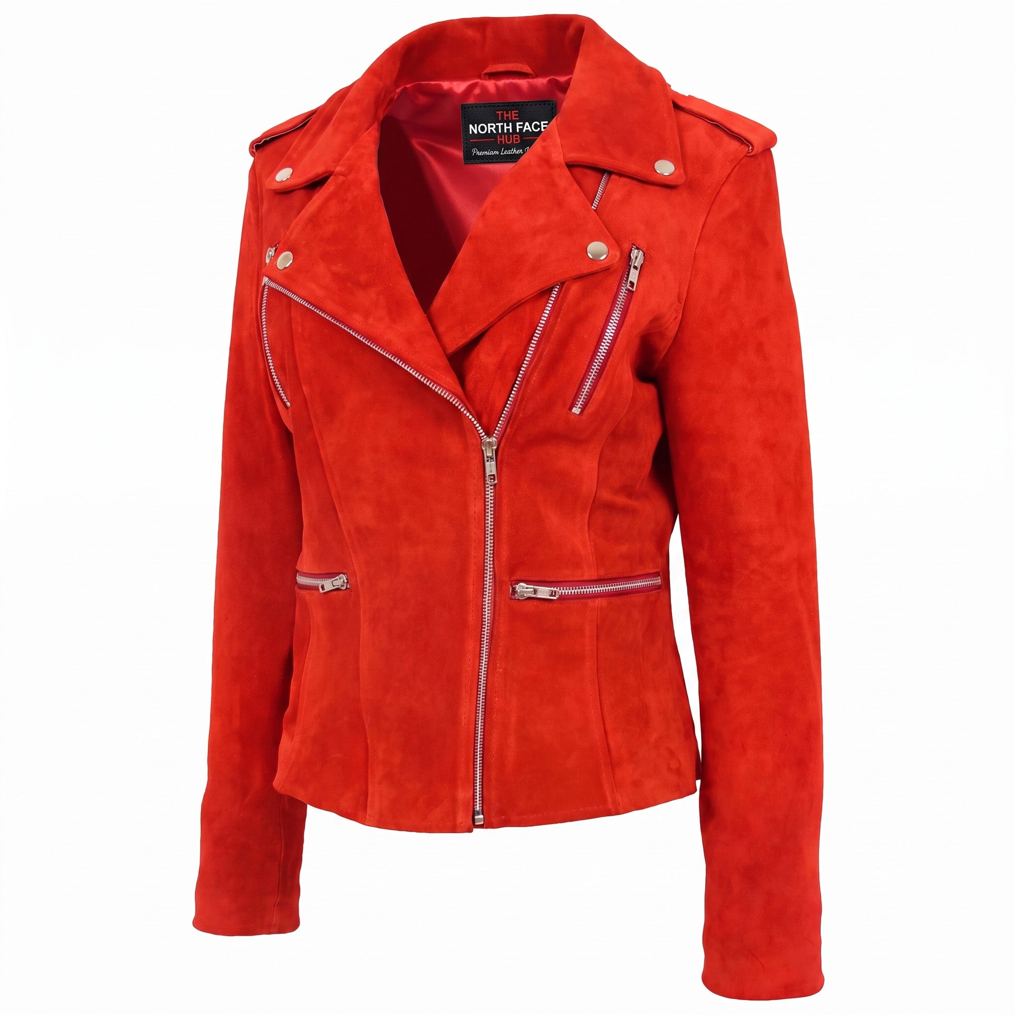 Womens Suede Biker Style Zip Jacket Skylar Ignite Red
