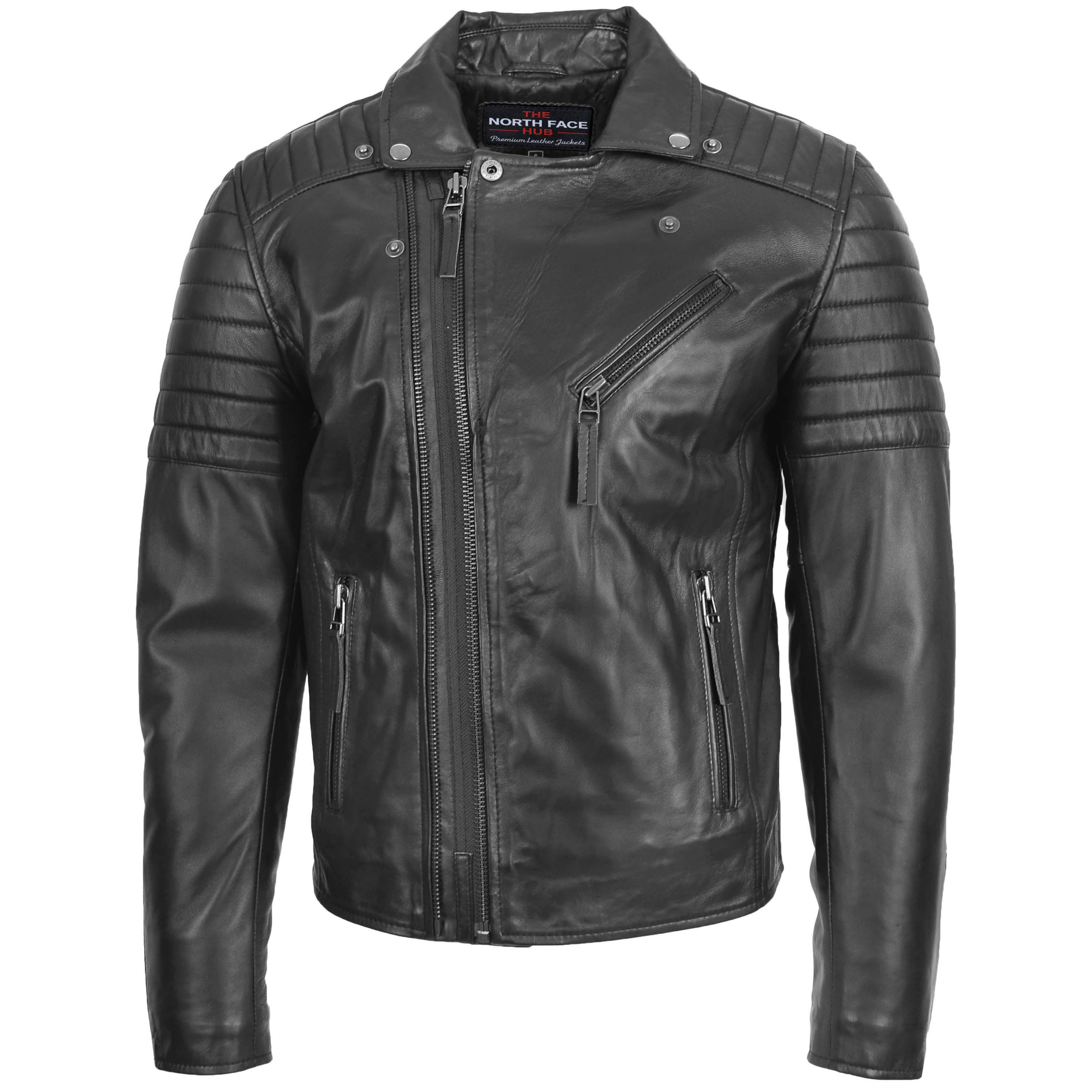 Men’s Phantom Black Quilted Shoulder Biker Leather Jacket