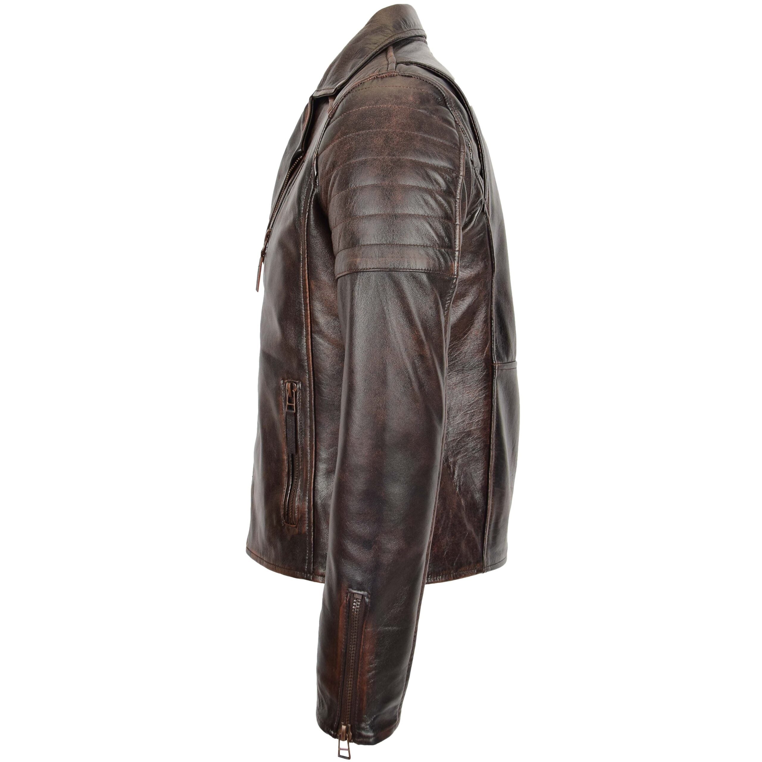 Mens Dual Zip Biker Leather Jacket Brown Zenith