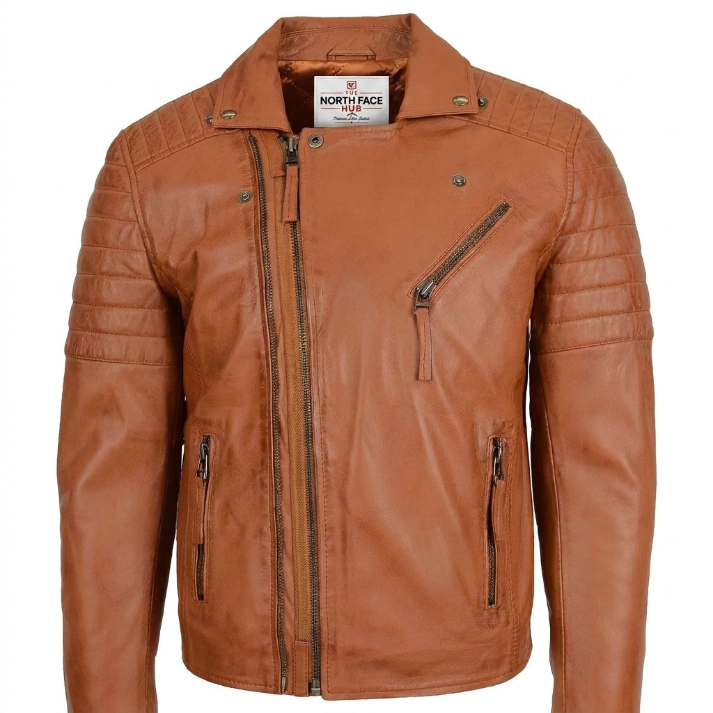 Mens Biker Leather Jacket Dual Zip Dynamo Tan