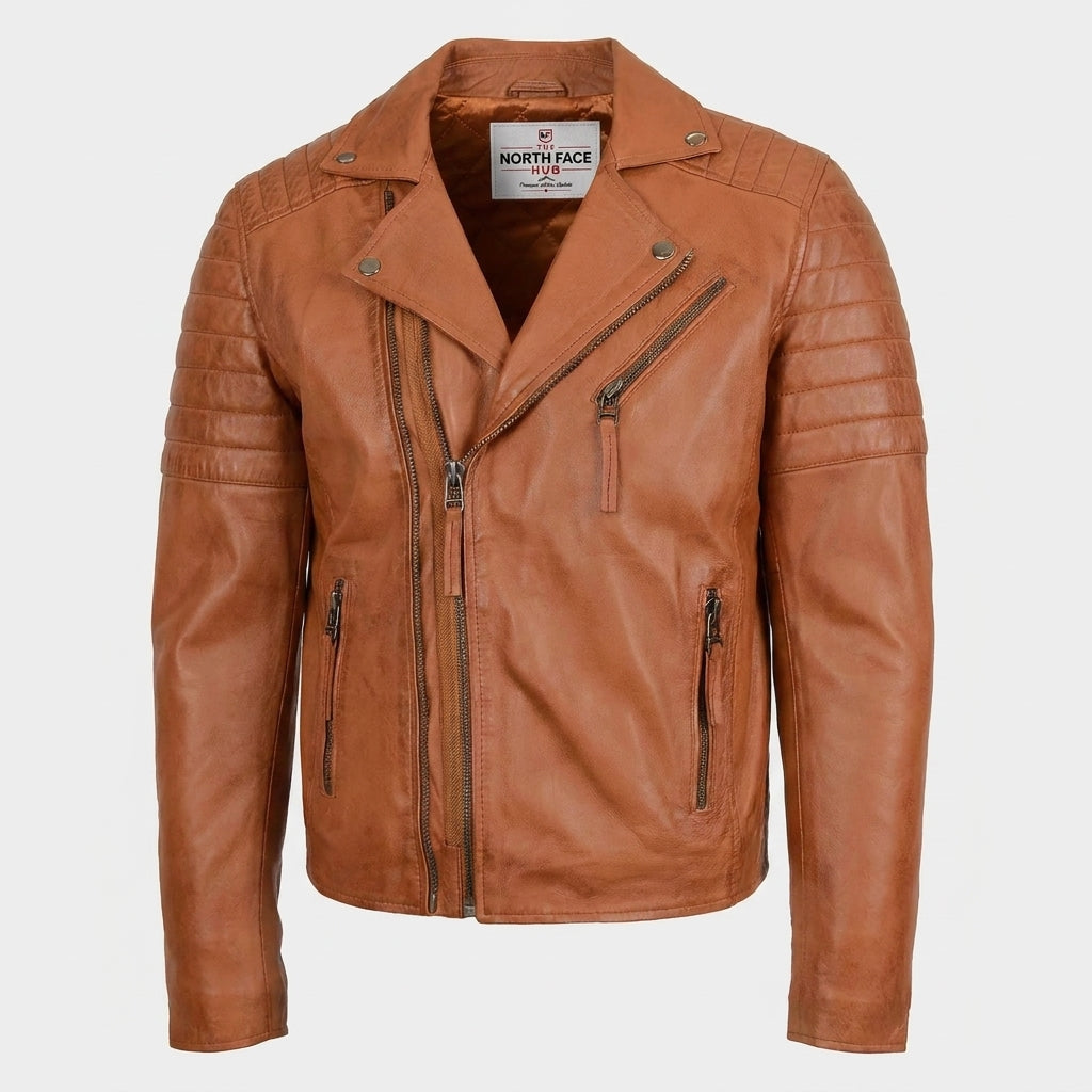 Mens Biker Leather Jacket Dual Zip Dynamo Tan