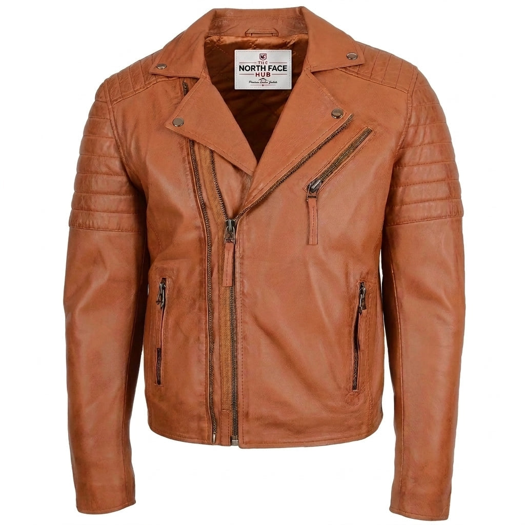 Mens Biker Leather Jacket Dual Zip Dynamo Tan